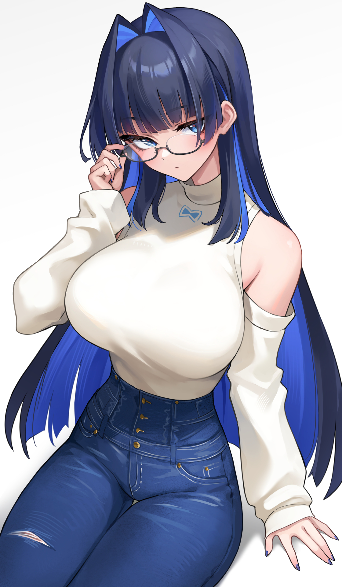 1girls, adjusting eyewear, blue eyes, blue hair, blue pants, blunt bangs, blunt ends, breasts, closed mouth, clothing cutout, colored inner hair, commentary, denim, english commentary, expressionless, female, female only, glasses, hair intakes, hand up, high-waist pants, highres, hime cut, hololive, hololive english, jeans, large breasts, long hair, long sleeves, looking at viewer, multicolored hair, official alternate costume, official alternate hairstyle, oopartz yang, ouro kronii, ouro kronii (casual), pants, puffy long sleeves, puffy sleeves, shirt, shirt tucked in, shoulder cutout, sidelocks, simple background, sitting, sleeves past wrists, solo, torn clothes, torn jeans, torn pants, turtleneck, virtual youtuber, white background, white shirt