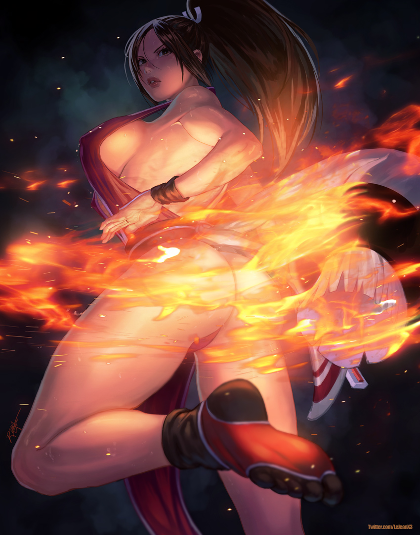 1girls ass bare_arms bare_shoulders big_ass big_breasts black_footwear breasts brown_eyes brown_hair cleavage commentary covered_erect_nipples curvy english_commentary fatal_fury fire from_behind hand_fan high_ponytail hip_focus huge_ass japanese_clothes kasai_x3 king_of_fighters large_breasts lejeanx3 long_hair looking_back mai_shiranui ninja parted_lips pelvic_curtain ponytail pyrokinesis rejean_dubois revealing_clothes sideboob snk solo standing thick_thighs thighs thong wide_hips