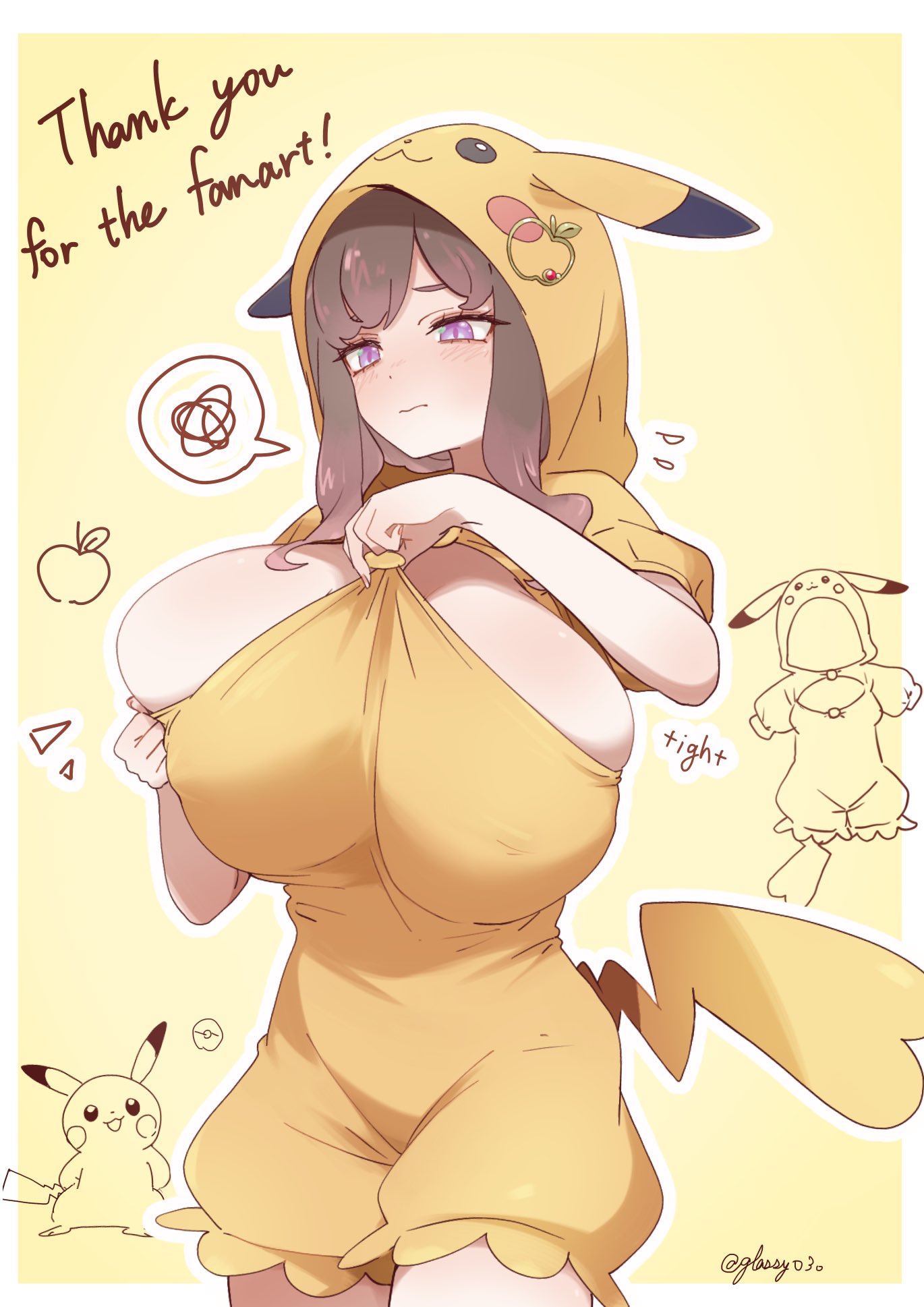 1girls, 2026, big breasts, brown hair, glassy0302, hoodie, huge breasts, kuraishi ringo (glassy0302), overflowing breasts, pikachu (cosplay), pokemon, purple eyes, tagme