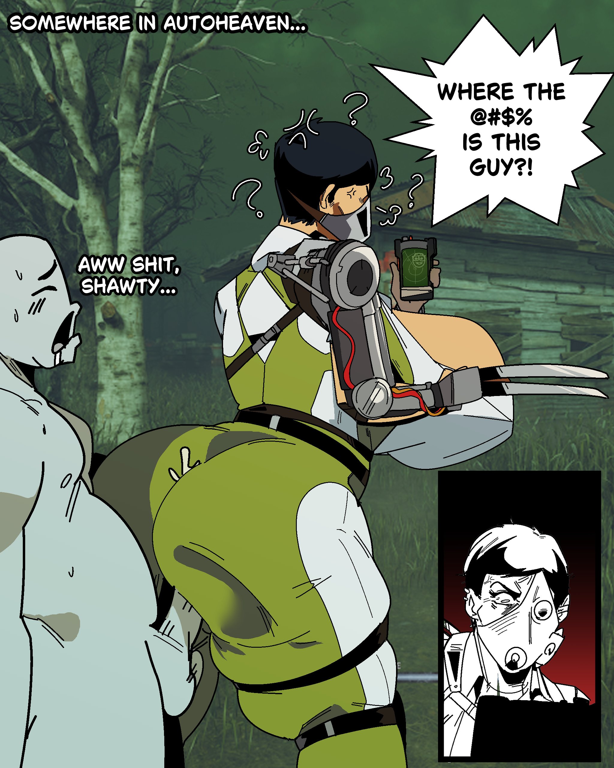 1boy, 1girls, anger vein, anonymous male, ass, behemaid, clothed female, clothed sex, cum, dead by daylight, gas mask, holding phone, huge ass, huge breasts, large ass, large breasts, mask, massive ass, massive breasts, mechanical arm, nude male, penis, pixie cut, sex, sex from behind, short hair, the skull merchant, thick thighs, unaware, unaware buttjob