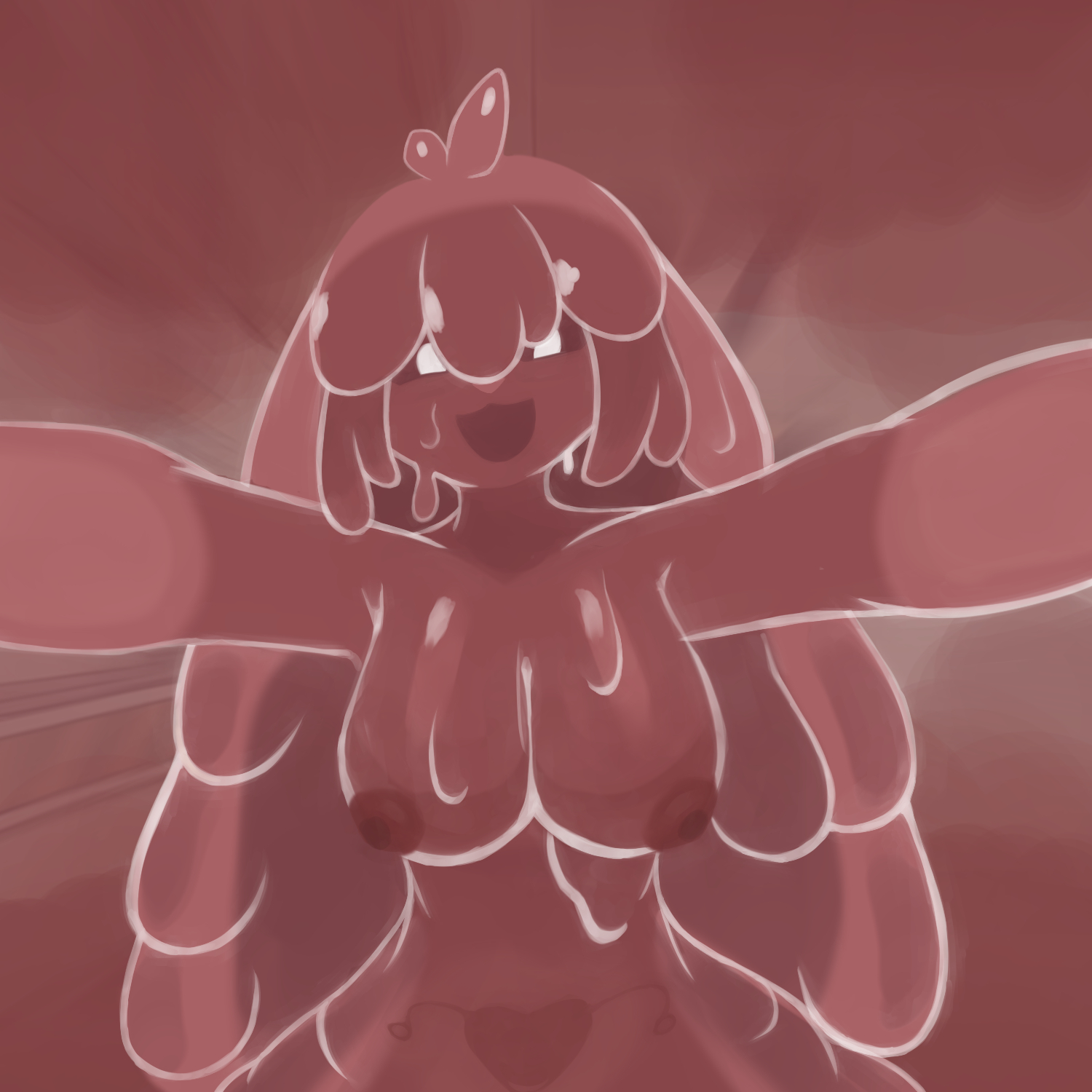 :3, 1girls, breasts, dadadadadada, huge breasts, lobotomy corporation, long hair, looking at viewer, melting love, open mouth, project moon, red skin, slime girl, solo, white eyes