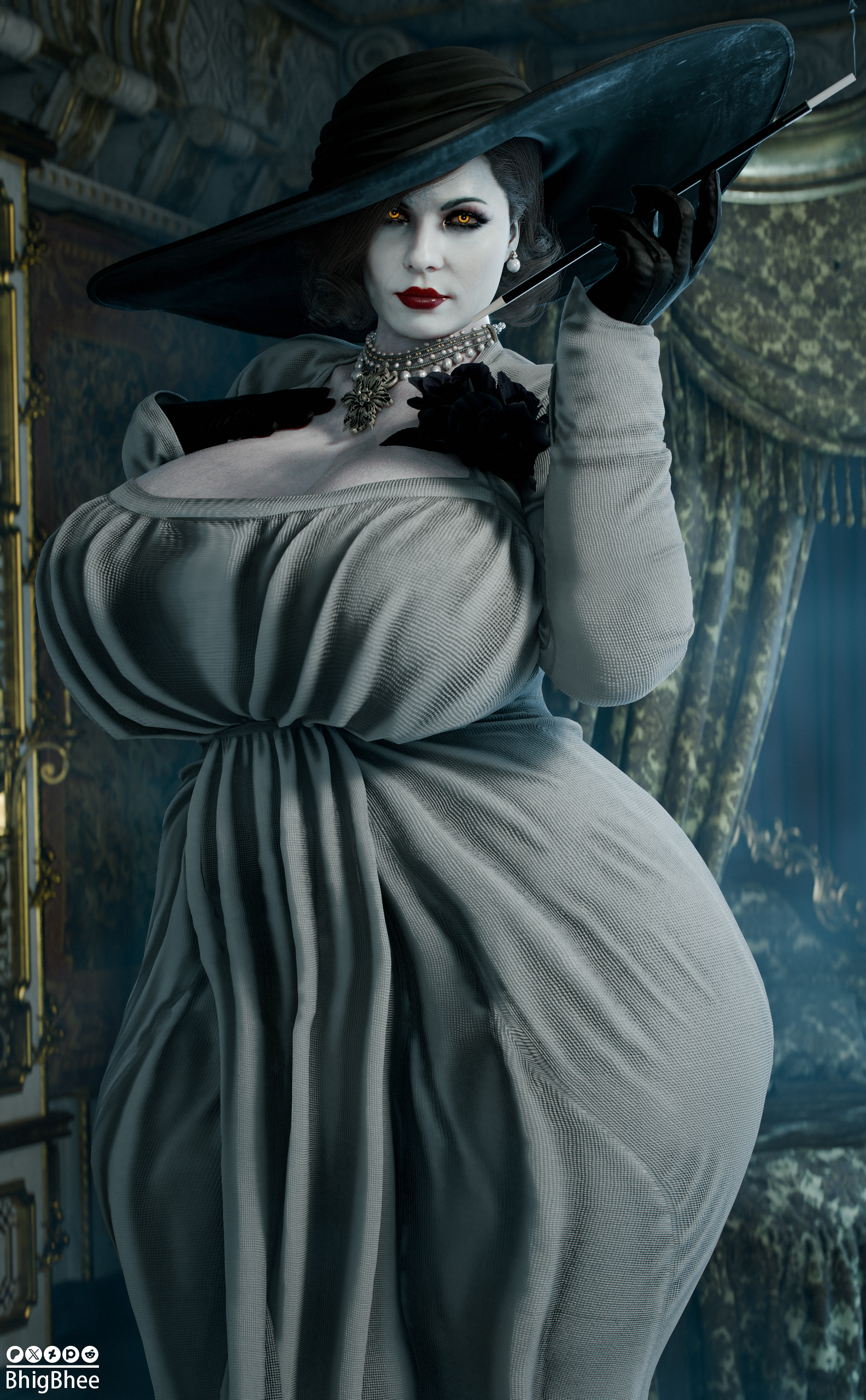 1girls, 3d, alcina dimitrescu, artist name, bhigbhee, big breasts, black hair, busty, clothed, clothed female, dress, female, female only, fully clothed, giant breasts, hat, huge breasts, long cigarette, looking at viewer, mature, mature female, milf, non-nude, older female, pale skin, pale-skinned female, resident evil, resident evil 8: village, solo, variant set, voluptuous, voluptuous female, wide brim hat, wide hips, wide-brimmed hat