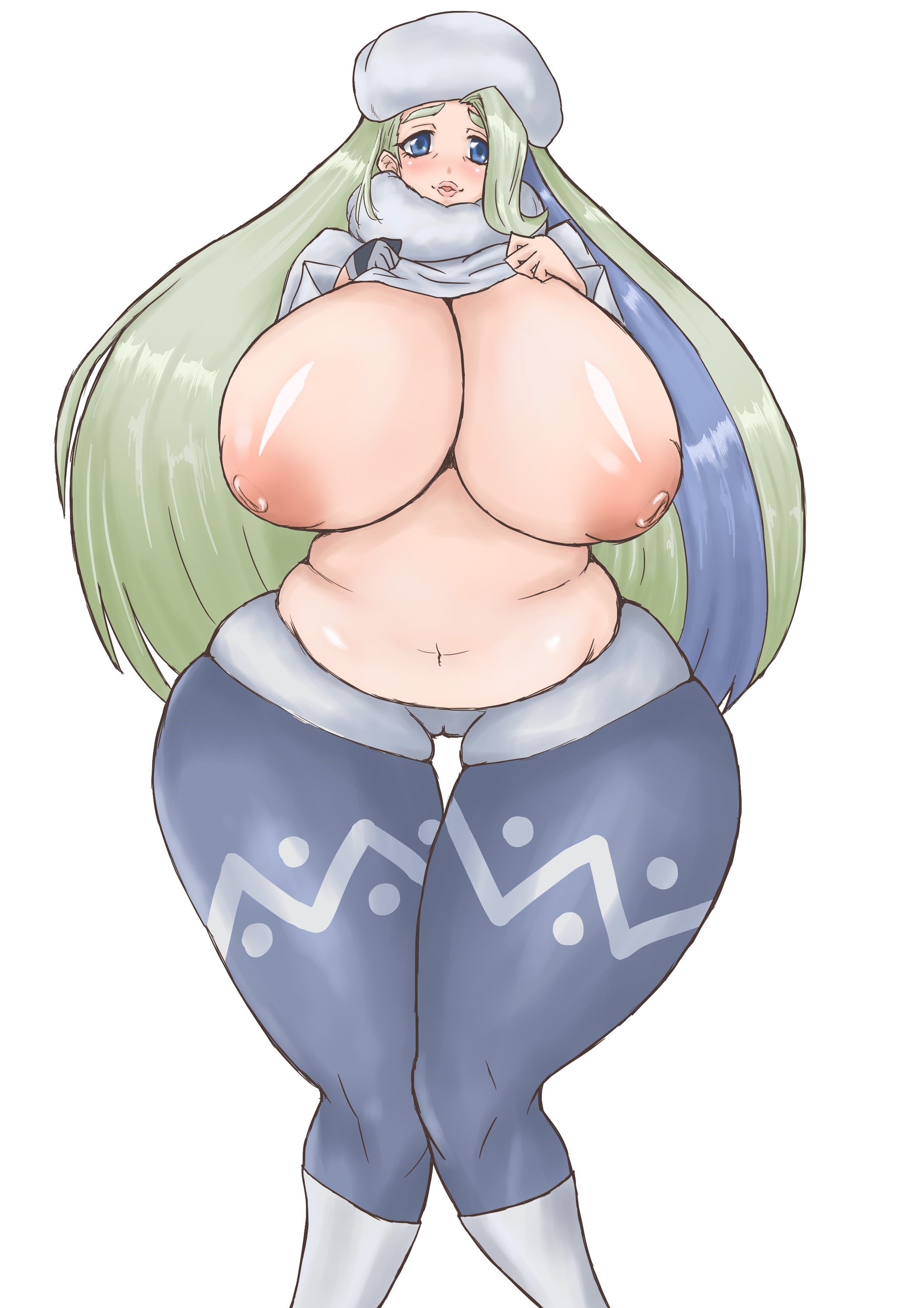 1girls, alternate breast size, blonde hair, blue eyes, breasts, chubby, curvaceous, erect nipples, female, female only, gym leader, hanging breasts, hat, huge breasts, human, human only, light skin, light-skinned female, long hair, looking at viewer, mature, melony (pokemon), milf, mother, navel, nintendo, nipples, pale skin, pale-skinned female, plump, pokemon, pokemon ss, shorts, solo, sweater, thick thighs, thighhighs, voluptuous, wide hips