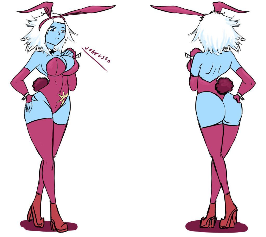 big breasts, blue skin, breasts, bunny ears, bunny girl, bunnysuit, destiny (game), female, hand on breast, hand on hip, high heel boots, high heels, jakeusso, mara sov, small waist, wide hips