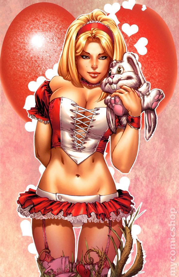 1girls alice_(wonderland) alice_in_wonderland alice_in_wonderland_(zenescope) alice_liddell big_breasts blonde_hair breasts brown_eyes busty cleavage comic_cover corset eric_basaldua female female_only front_view grimm_fairy_tales_zenescope hairband large_breasts lipstick long_hair official_art panties pinup rabbit smile smiling solo standing thighhighs tutu valentine's_day watermark white_panties zenescope