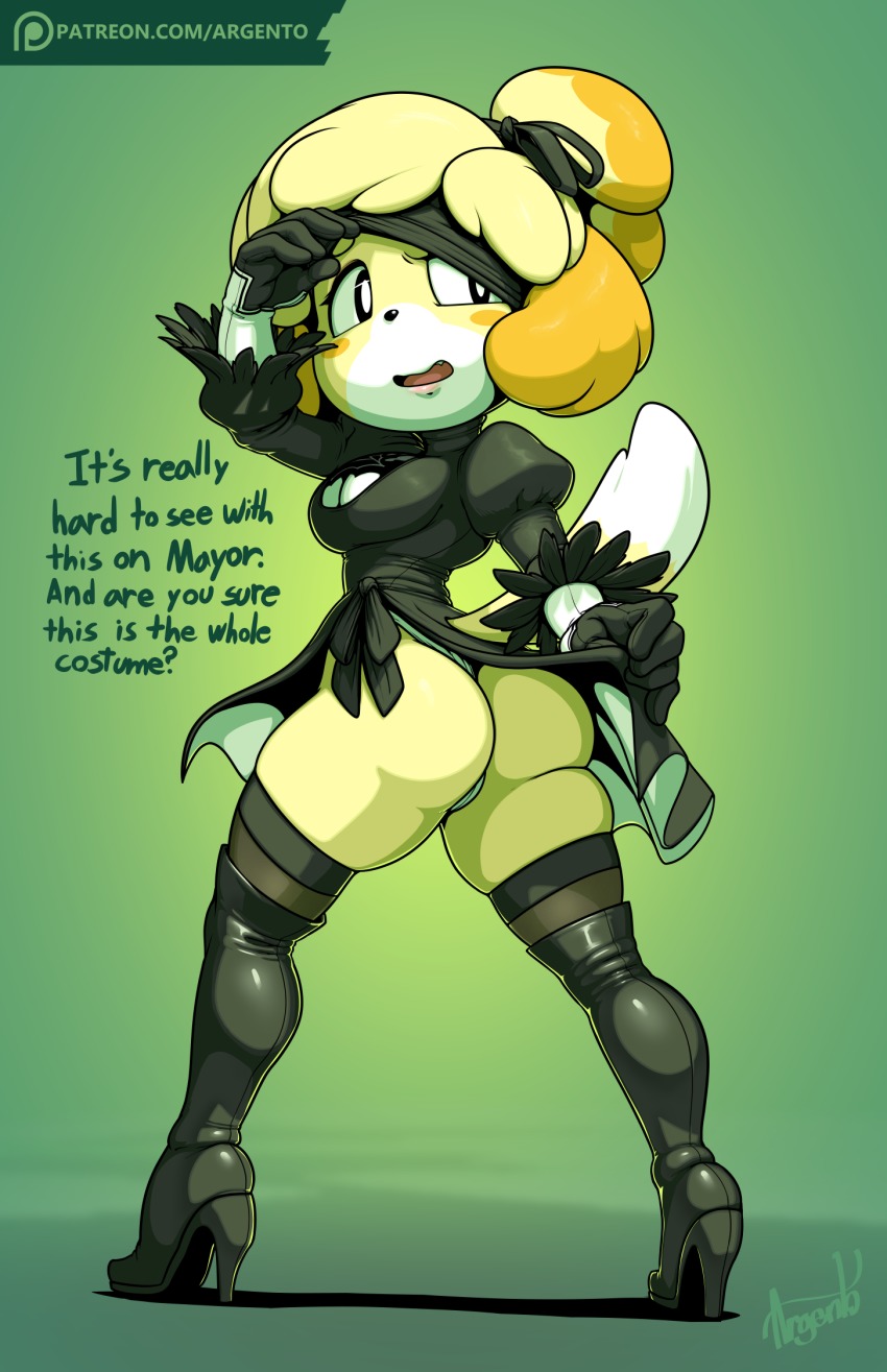 1girls, 5 fingers, alternate costume, animal crossing, animal crossing new leaf, animal ears, anthro, anthrofied, argento, ass, big ass, big butt, black legwear, blush, boots, breasts, bubble ass, bubble butt, cameltoe, canid, canine, canis, cleavage, cosplay, crossover, dog ears, dog tail, dress, female, full body, furry, gloves, high heels, huge ass, huge butt, humanoid hands, isabelle (animal crossing), legwear, leotard, looking back, looking down, mammal, nier (series), nier: automata, nintendo, open mouth, panties, pussy, revealing clothes, shih tzu, short dress, small breasts, solo, thick thighs, thighhighs, thighs, thong, underwear, wide hips, yorha 2b (cosplay)