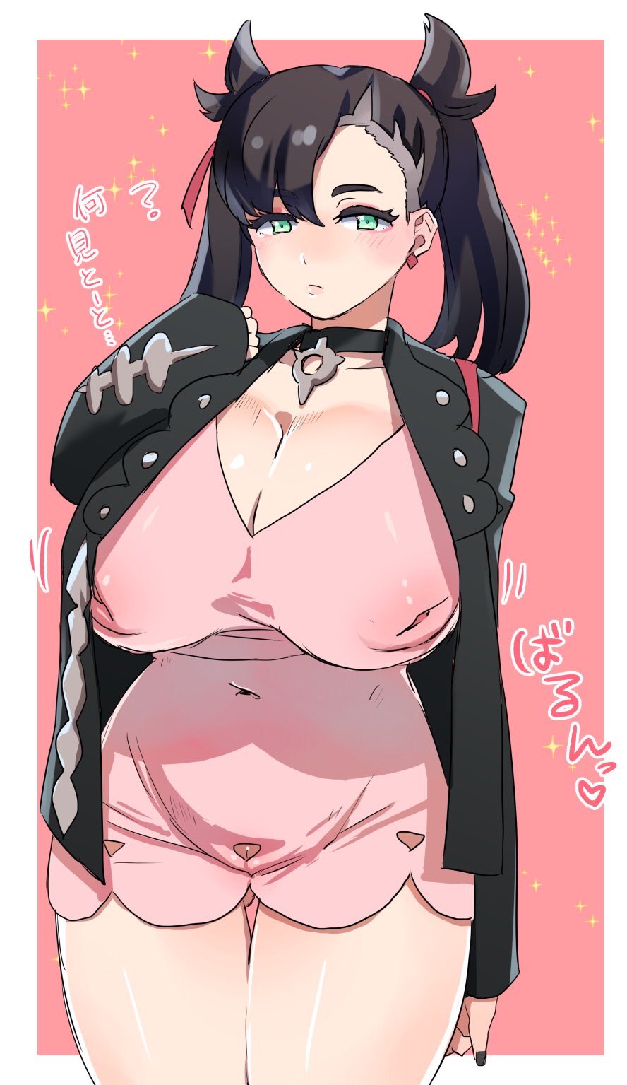 1girls ? alternate_breast_size aono_keita_(aokeino) belly black_choker black_hair black_jacket black_nails blue_eyes blush breasts cameltoe choker closed_mouth clothes cutout dress earrings eye_contact female female_only hair_ribbon half-closed_eyes huge_breasts human human_only inverted_nipples jacket jewelry jiggle long_sleeves looking_at_viewer marnie_(pokemon) nail_polish navel nintendo nipples onomatopoeia open_clothes open_jacket outline pink_background pink_dress pokemon pokemon_ss pussy red_ribbon ribbon see-through see-through_clothing simple_background sleeves_past_wrists solo text thick_thighs thigh_gap translation_request twintails two-tone_background white_border wide_hips wide_sleeves