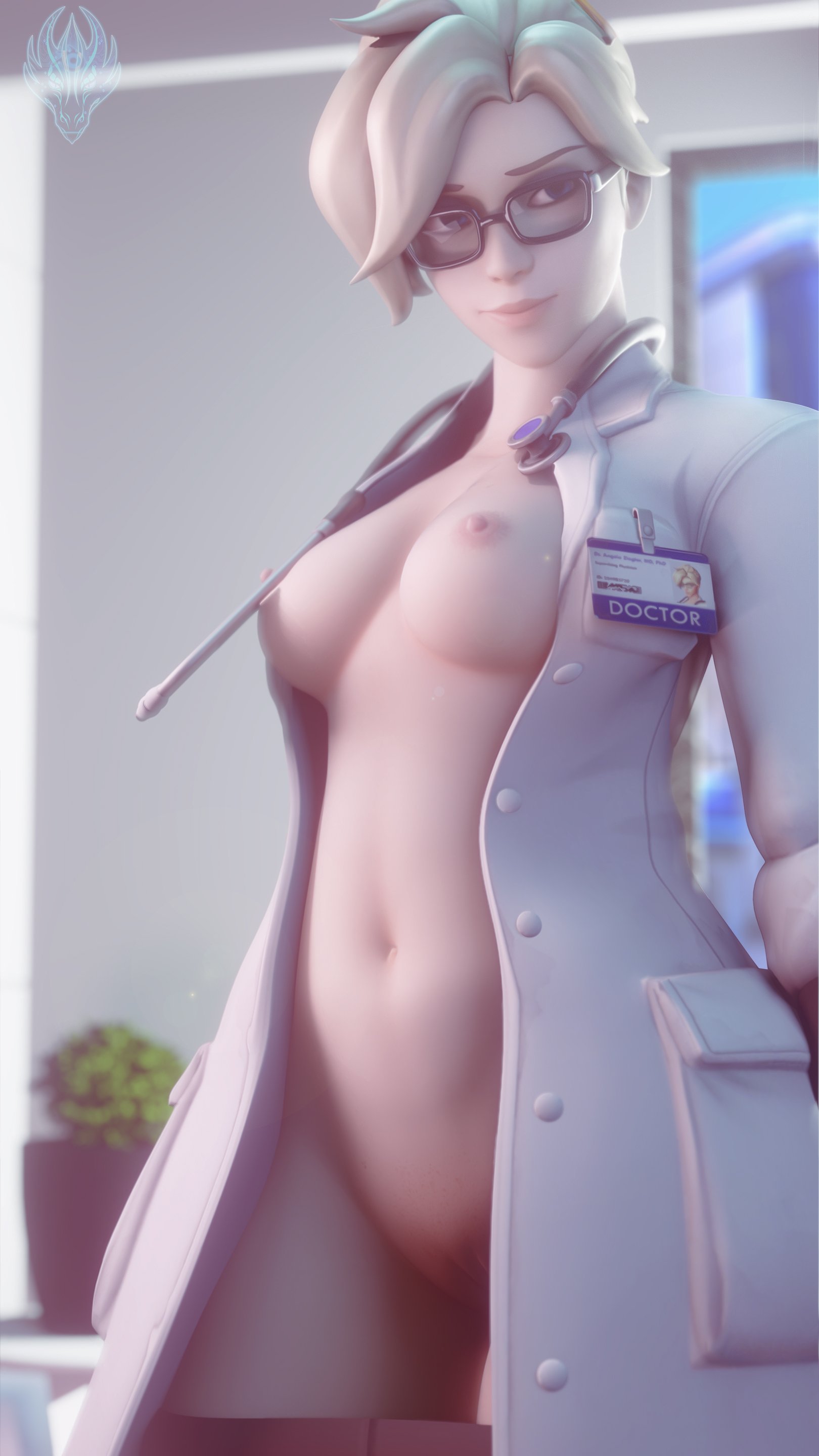 1girls, 3d, abs, alternate costume, areolae, blender, blizzard entertainment, blonde hair, blue eyes, breasts, doctor, dr. ziegler, eye contact, eyeshadow, female, female only, glasses, hair over one eye, half-closed eyes, its-gergless, labcoat, labcoat only, light skin, looking at viewer, mercy, nipples, nurse, nurse uniform, overwatch, pussy, slim, solo, text, thick thighs, thigh gap, tied hair, wide hips