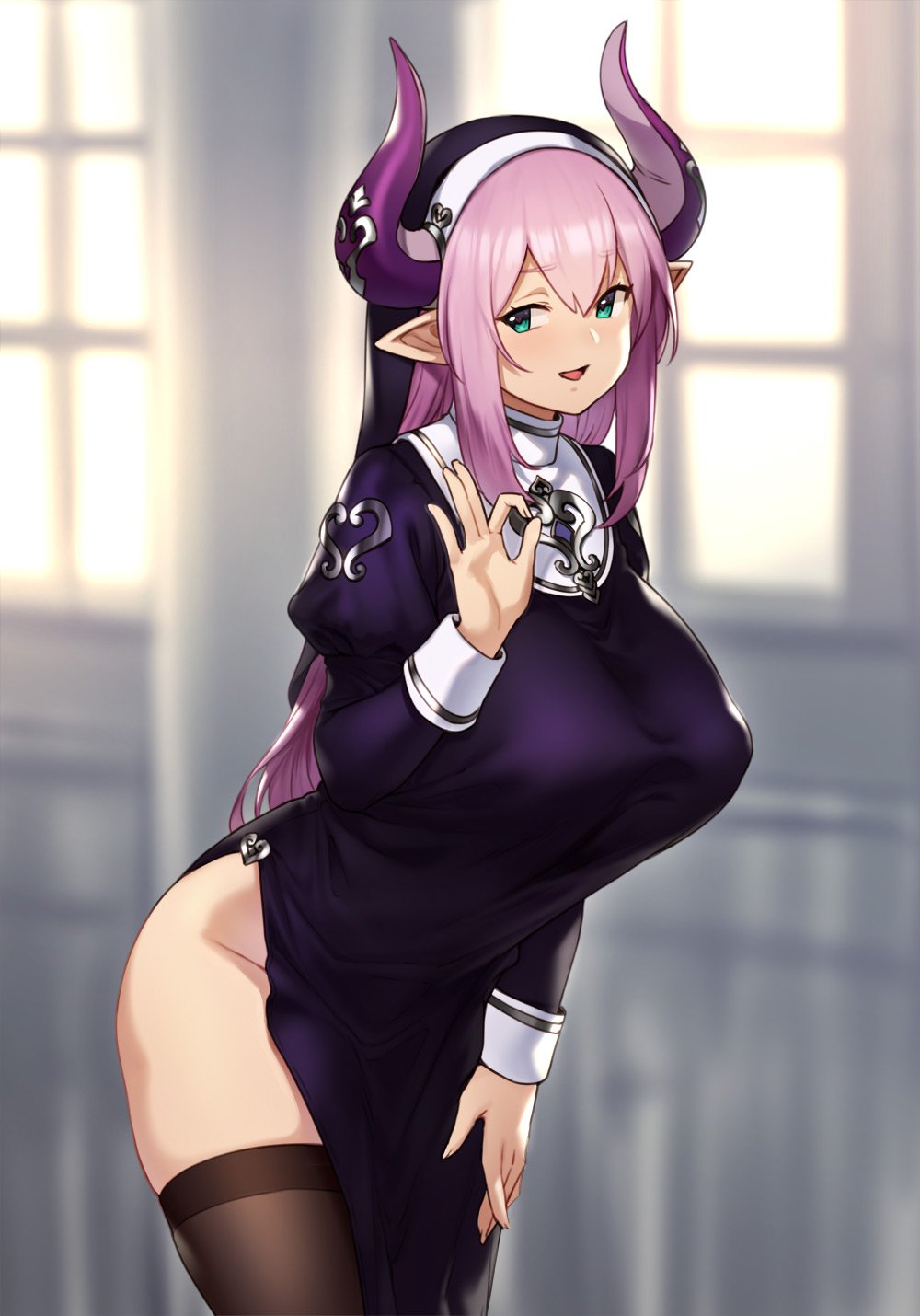 1girls, breasts, cattleya (houtengeki), cleavage, demon, female, female only, habit, horns, houtengeki, huge breasts, nun, solo, thighhighs