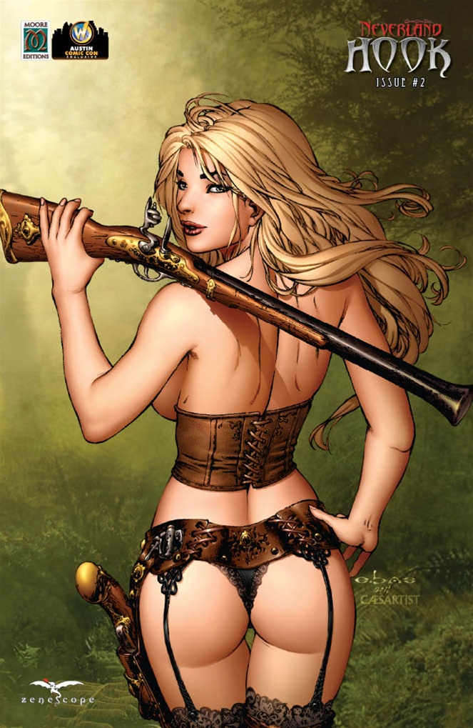 1girls ass back_view backboob belt black_panties black_thighhighs black_thong blonde_hair breasts_out brown_corset caesar_rodriguez comic_cover corset dat_ass eric_basaldua female female_ass female_only from_behind grimm_fairy_tales_zenescope gun holding_gun holstered_weapon human large_breasts lipstick looking_back neverland official_art panties pinup pistol red_lips red_lipstick rifle solo standing thighhighs thighs thong weapon wendy_darling wendy_darling_(zenescope) zenescope