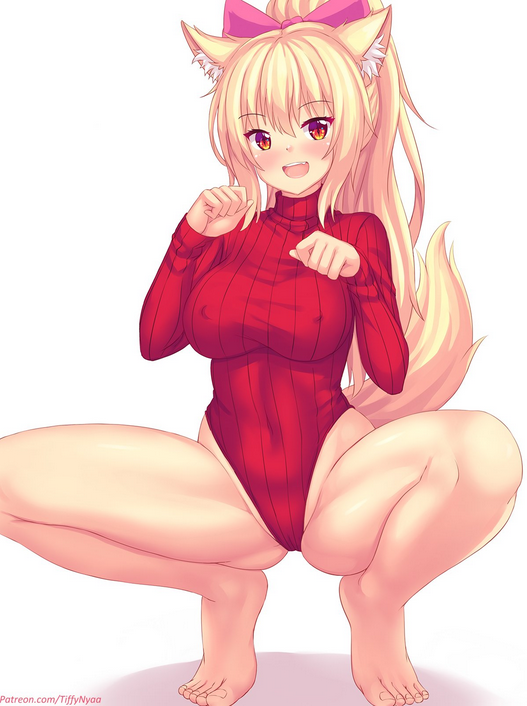 blonde_hair breasts cat_ears legs_apart leotard leotard_sweater red_sweater sweater tiffy tiffynyaa