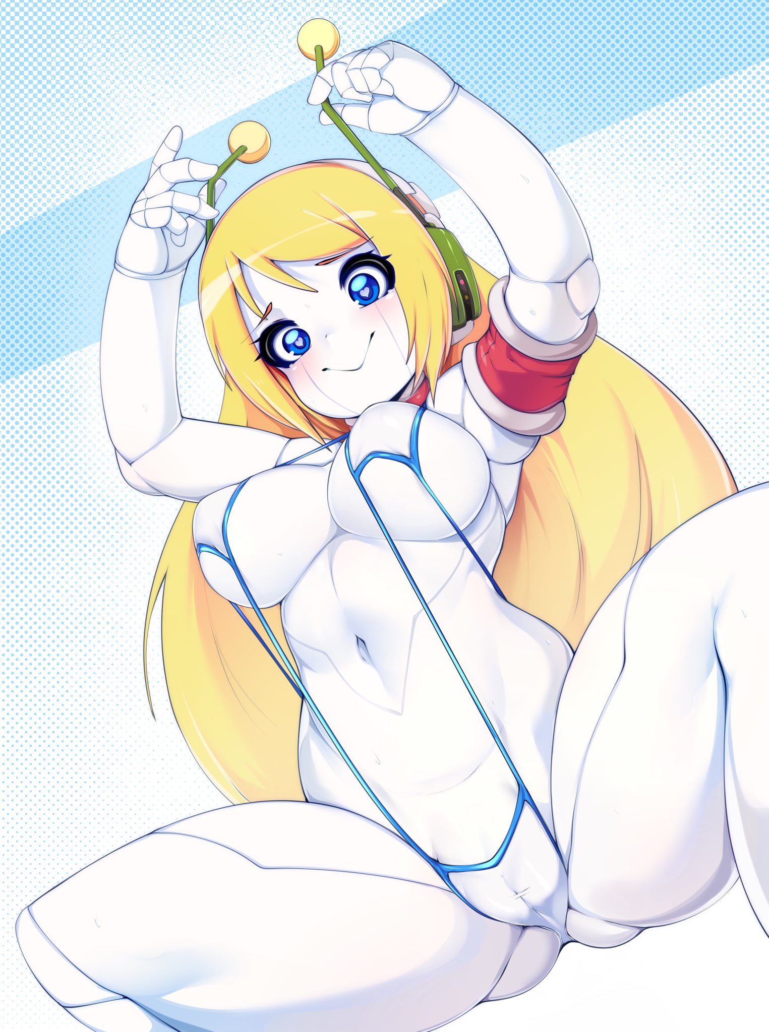 1girls, android, bikini, blonde hair, blue eyes, blush, breasts, cameltoe, cave story, closed mouth, curly brace, doukutsu monogatari, female, groin, headgear, heart, heart-shaped pupils, high resolution, large breasts, long hair, looking at viewer, navel, pussy, shiny, shiny hair, shiny skin, sideboob, sling bikini, slugbox, smile, solo, spread legs, strap gap, swimsuit, symbol-shaped pupils, white background, wide hips