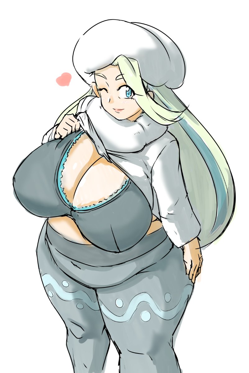 1girls, alternate breast size, alternate outfit, bbw, blue eyes, bra, breasts, cleavage, eye contact, female, half-closed eyes, hat, heart, huge breasts, human, human only, looking at viewer, mature, melony (pokemon), milf, nintendo, one eye closed, pokemon, pokemon ss, shirt lift, silver hair, source request, thick thighs, underwear, white hair, wide hips, wink