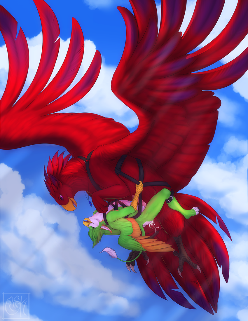 2019 anthro anthro_on_feral anthro_penetrated avian beak day detailed_background digital_media_(artwork) feathered_wings feathers feral feral_penetrating feral_penetrating_anthro flying fur green_body green_feathers green_fur gryphon outside paws penetration red_body red_feathers red_fur sex silvyr sky wings zoophilia