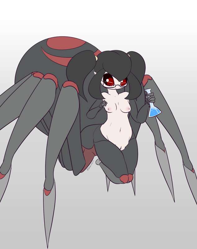 arachne arachnid arachnid_humanoid breasts cesil_(zedrin) completely_nude completely_nude_female glasses monster_girl naked nipples potion potion_bottle pussy small_breasts spider spider_girl spider_has_puss_puss twintails zedrin