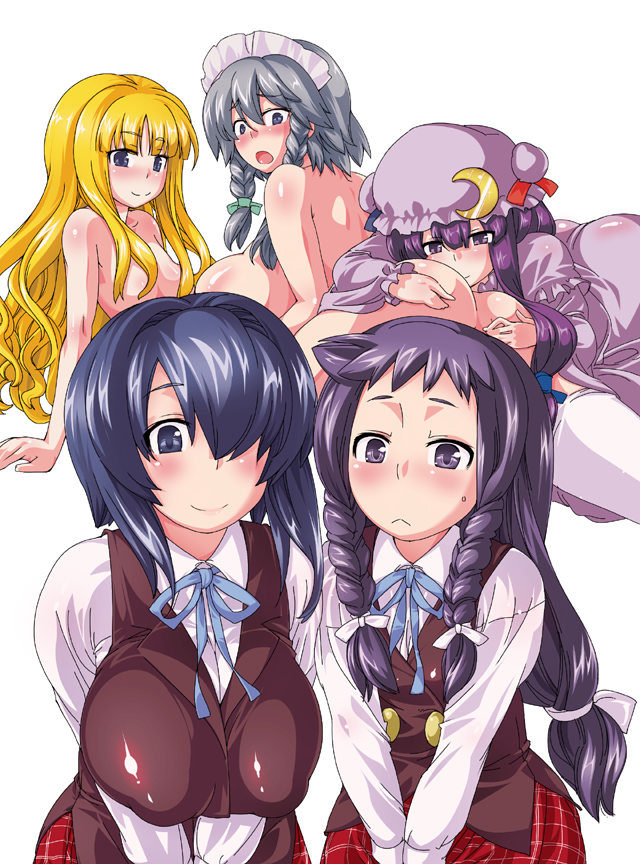 ass ayase_yue blush braid breasts clothing crossover evangeline_a.k._mcdowell evangeline_a_k_mcdowell female female_only flat_chest hair_over_one_eyes huge_breasts human kurorin large_breasts mahou_sensei_negima mahou_sensei_negima! miyazaki_nodoka multiple_females multiple_girls nude patchouli_knowledge sakuya_izayoi school_uniform skirt stockings thighhighs touhou twin_braids vampire yuri