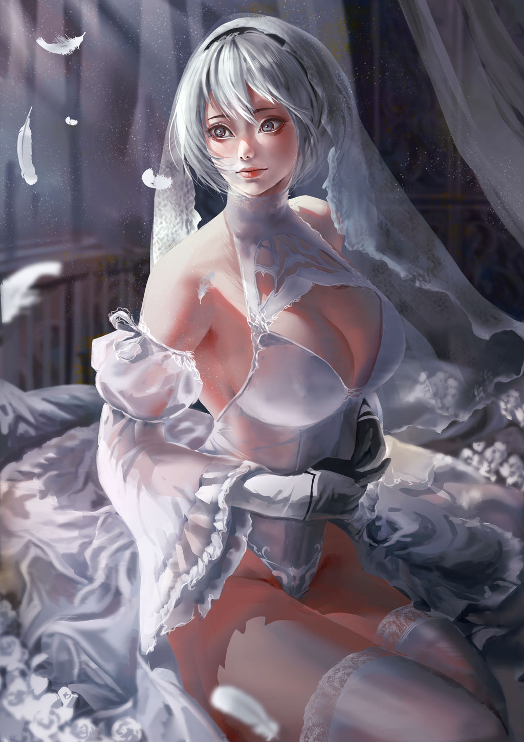1girls, bangs, bare thighs, bed, bedsheets, big breasts, big eyes, black gloves, black hairband, blue eyes, breasts, busty, dress, erect nipples, erect nipples under clothes, female, female only, gloves, hairband, huge breasts, large breasts, leotard, nier, nier: automata, nipple bulge, nipples, nipples visible through clothing, red lips, see-through, see-through clothing, see-through dress, sheets, short hair, sitting, sleeves, solo, stockings, thighs, wedding dress, white dress, white hair, white leotard, white sleeves, white stockings, wife, windami, yorha 2b
