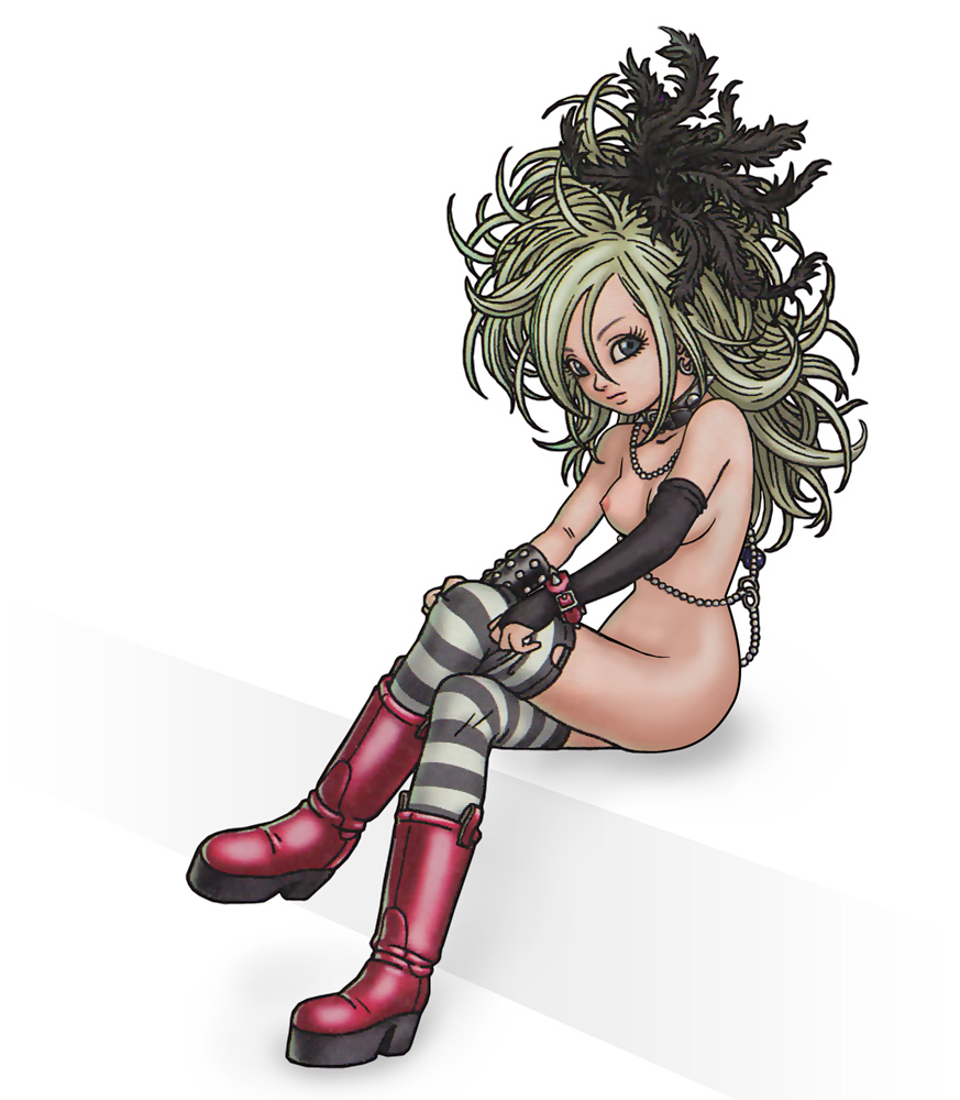 blonde_hair boots breasts bridal_gauntlets chains collar curly_hair dragon_quest dragon_quest_swords earrings elbow_gloves feathers female fleurette genius_sonority gloves grey_eyes hair_feathers jewelry long_hair looking_at_viewer necklace nipples nude nude_filter photoshop small_breasts solo spiked_collar spikes square_enix stockings striped striped_legwear thighhighs toriyama_akira