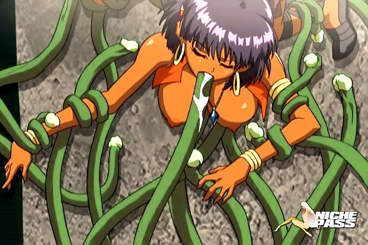 00s 1girls breasts cum curvaceous dark-skinned_female dark_skin female fushigi_no_umi_no_nadia gainax human large_breasts mania_secret_of_green_tentacle mmg nadia_la_arwall nipples penis_tentacles princess purple_hair restrained short_hair tentacle