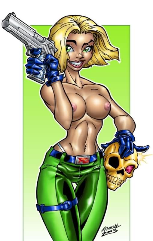 abbey_chase blonde_hair blue_gloves danger_girl desert_eagle green_eyes green_pants kristoffer_remmell medium_breasts pistol_in_hand skull tagme thigh_strap thong_panties topless topless_female wildstorm