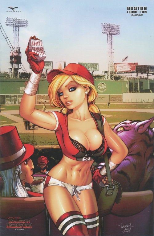 1girls ale_garza alice_in_wonderland alice_in_wonderland_(zenescope) bag baseball baseball_(sport) baseball_cap baseball_field belly_button big_breasts bleachers blonde_hair blue_eyes boston breasts busty cheshire_cat cleavage comic_cover ear_stud female female_only fenway fenway_park grimm_fairy_tales_zenescope ivan_nunes large_breasts looking_at_viewer mad_hatter midriff navel official_art panties peanut pink_lips pinup short_shorts solo stadium standing stomach thighs violet_liddle zenescope