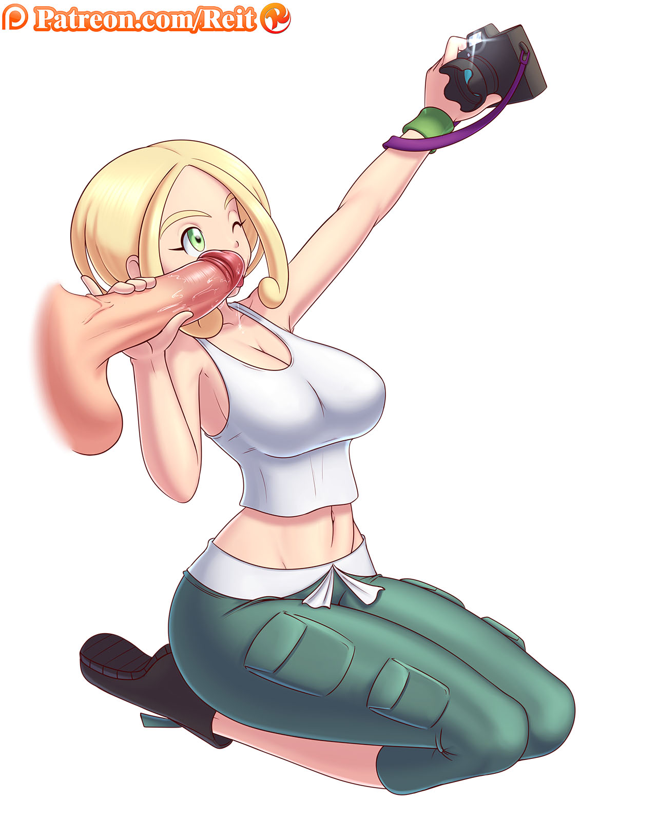1boy, 1girls, abs, alternate breast size, ass, balls, bare arms, bare calves, bare midriff, bare shoulders, big penis, blonde hair, breasts, calves, camera, cleavage, clothed female nude male, disembodied penis, eyelashes, female, female focus, glans, green eyes, hourglass figure, human, human only, kneeling, large breasts, male, midriff, navel, nintendo, oral, pants, patreon, penis, penis grab, phone, pokemon, pokemon xy, pose, precum, reit, saliva, selfie, shirt, shoes, short hair, sneakers, solo, tank top, testicles, text, thick thighs, thin waist, url, veins, veiny penis, viola (pokemon), watermark, white background, wide hips, wink