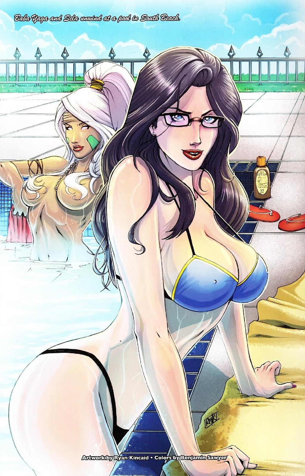 2girls baba_yaga_(zenescope) benjamin_sawyer big_breasts black_bikini_bottom black_hair black_panties blue_bikini_top blue_bra blue_eyes bra breasts busty cleavage erect_nipples eye_contact female female_only glasses grimm_fairy_tales_zenescope hair_covering_breasts hair_tie hot_tub huge_breasts jacuzzi large_breasts lipstick long_hair looking_at_viewer multiple_girls nail_polish nipple_bulge nipples official_art pinup ponytail red_lips red_lipstick ryan_kincaid sandals sela_mathers suntan_lotion thighs water white_hair zenescope