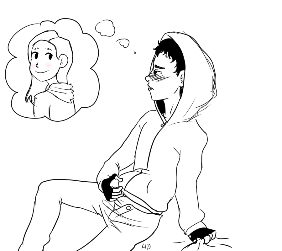 1boy 1girls blush cry_of_fear female hoodie male male_focus masturbation monochrome sheet_grab simon_henriksson sketch sophie_(cry_of_fear) thinking thought_bubble