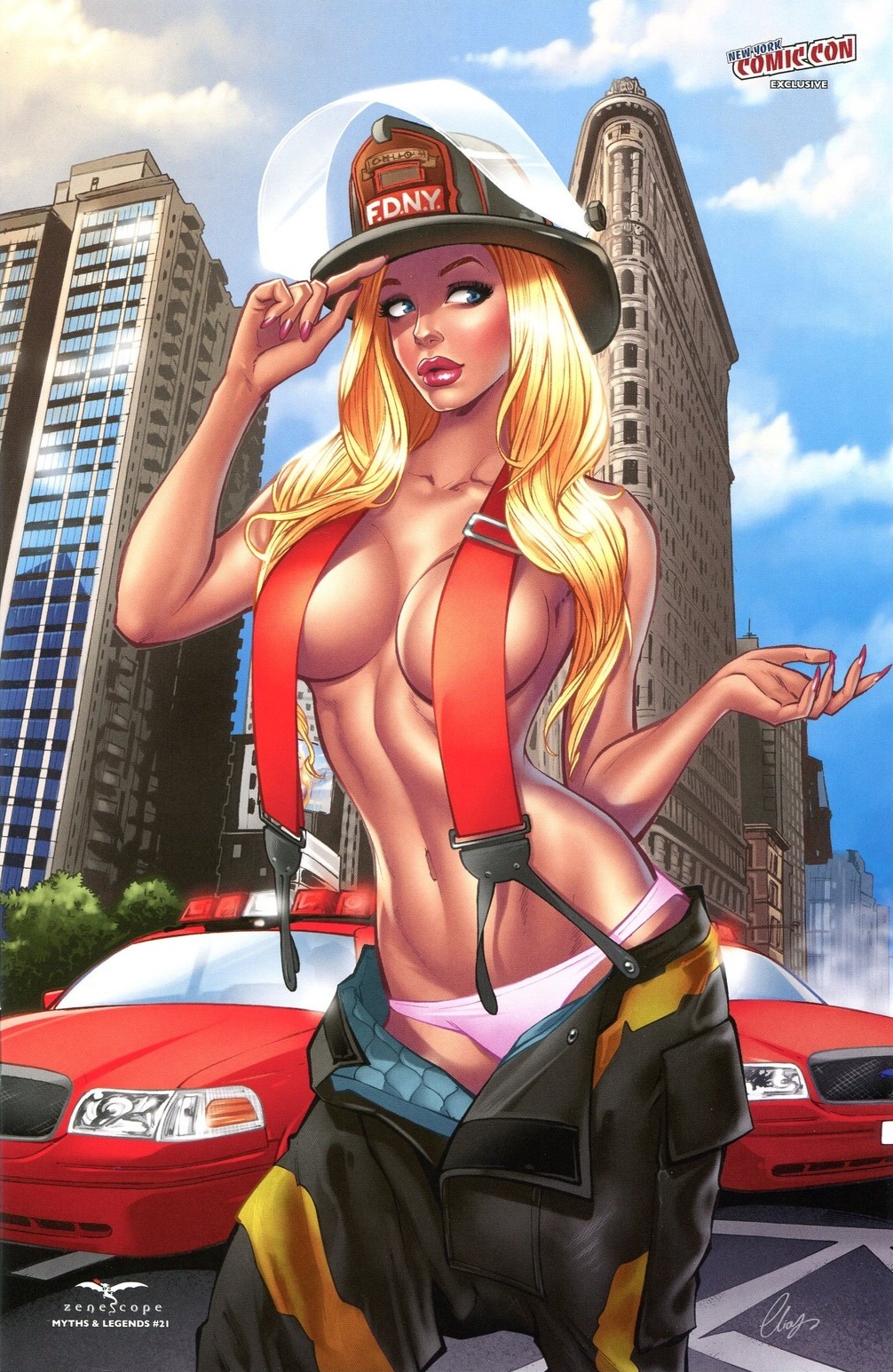 1girls alternate_costume big_breasts blonde_hair blue_eyes breasts car costume elias_chatzoudis female female_only firefighter firefighter_uniform fireman grimm_fairy_tales_zenescope hard_hat hardhat hat large_breasts lipstick long_hair new_york no_bra panties pants pants_down pink_lips pink_lipstick pink_panties pinup samantha_darren signature solo suspenders text zenescope