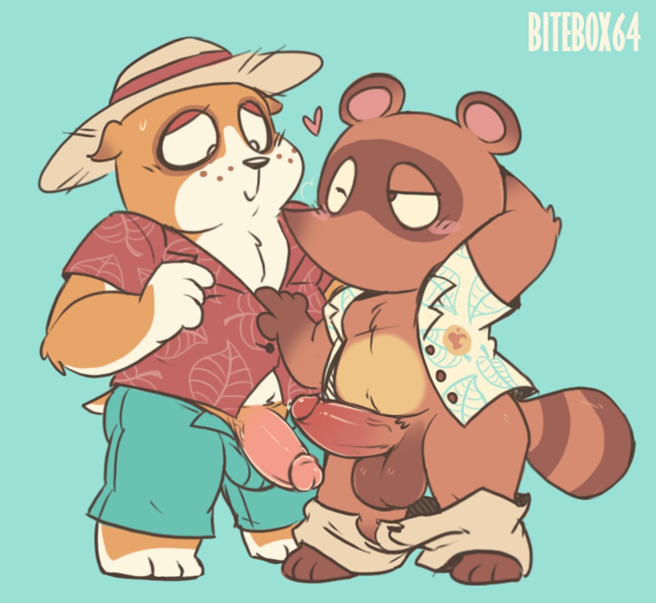 2019 animal_crossing anthro belly bitebox64 blue_background blush booker_(animal_crossing) bottomwear canid canine canis chubby domestic_dog duo erection furry hat headgear headwear heart highres humanoid_hands humanoid_penis male male_only mammal nintendo one_eye_closed overweight penis raccoon_dog shirt shorts simple_background slightly_chubby straw_hat tanuki testicles tom_nook topwear wink yaoi