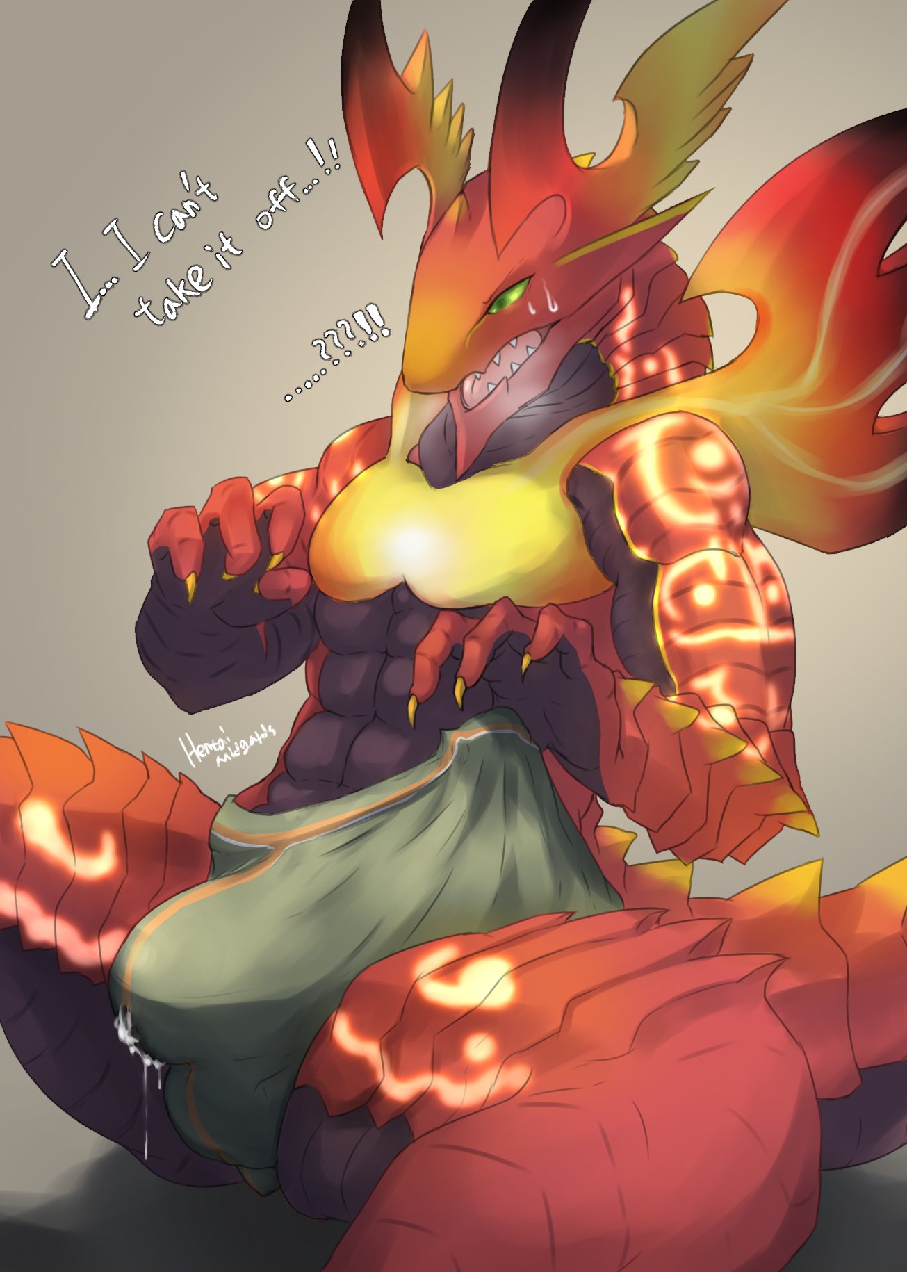 4_fingers agni_(dragalia_lost) anthro big_bulge black_body black_scales bodily_fluids bulge claws clothing cum cum_drip cum_through_clothing dialogue dragalia_lost dragon dripping english_text finger_claws fingers flowerdragon genital_fluids green_clothing green_eyes green_panties green_underwear grey_background hi_res male male_only open_mouth panties red_body red_scales scales shaded sharp_teeth simple_background sitting solo spread_legs spreading sweat teeth text tongue underwear wet wet_clothing yellow_body yellow_claws yellow_scales