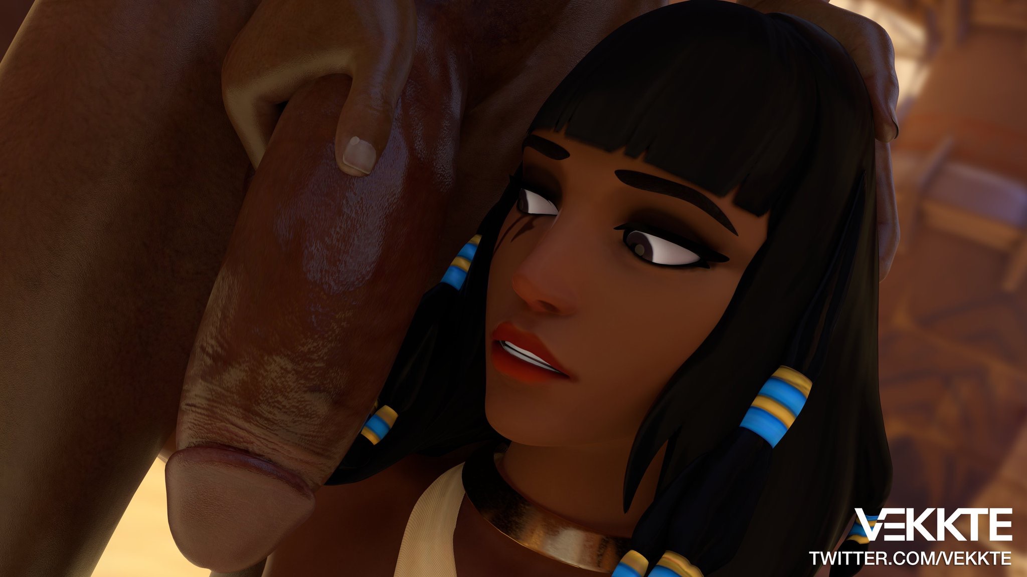 1boy, 1girls, 3d, big penis, blender, dark skin, dark-skinned female, dark-skinned male, female, hand on head, interracial, male, overwatch, penis, pharah, vekkte