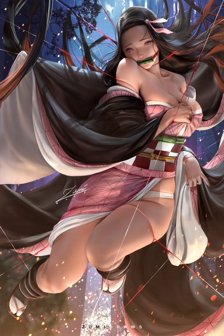 1girls, aged up, big breasts, black hair, black-haired female, breasts, cleavage, demon slayer, detailed, female, female only, gag, haori, kamado nezuko, kimetsu no yaiba, kimono, large breasts, obi, panties, pinup, realistic, sandals, solo, white panties, zumi