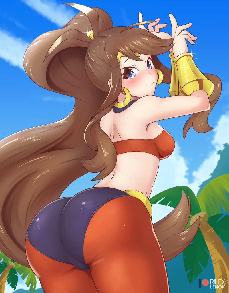 1girls alternate_costume alternate_outfit ass blue_eyes blush bracelet breasts brown_hair clothing cosplay crossover earrings eye_contact female female_focus game_freak hair_ornament hilda_(pokemon) huge_ass human impossible_clothes jewelry long_hair looking_at_viewer nintendo open_eyes pale_skin patreon pokemon pokemon_bw rilex_lenov shantae shantae_(character) shantae_(cosplay) smooth_skin solo source_request text thighs watermark wide_hips