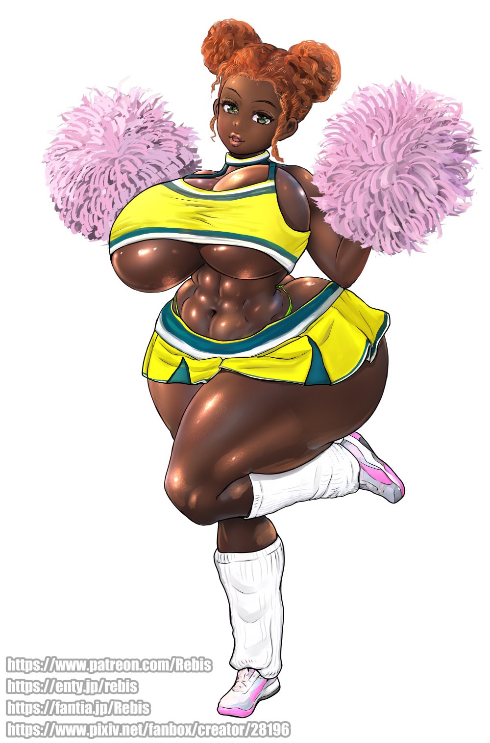 african female, ass, bimbo, breasts, cheerleader, cheerleader uniform, crop top, dark skin, dark-skinned female, female, huge ass, huge breasts, leg warmers, looking at viewer, microskirt, midriff, monique (rebis), muscles, pom poms, rebis, tennis shoes, thick thighs, thong, underboob