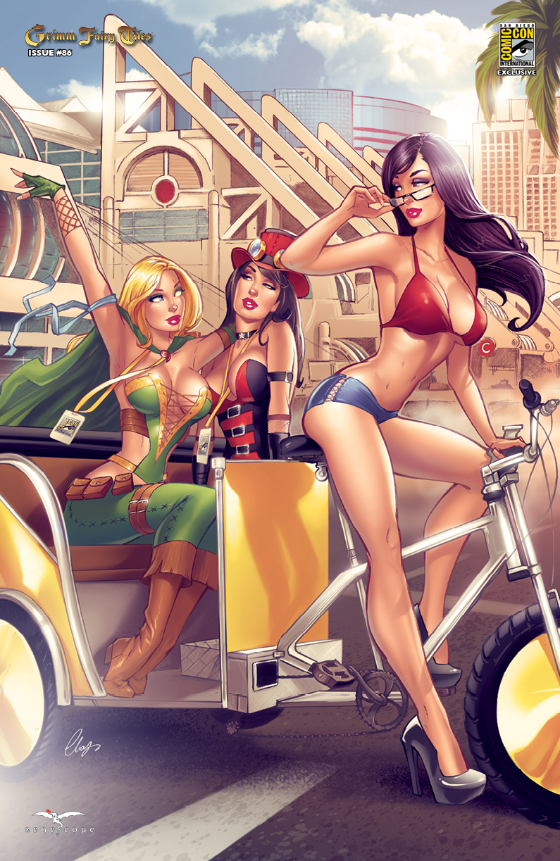 3girls big_breasts black_hair blonde_hair blue_panties bra breasts building busty carriage cleavage comic_cover corset elias_chatzoudis eyeshadow glasses gloves glowing_eye green_corset green_gloves green_pants grimm_fairy_tales_zenescope hat large_breasts liesel_van_helsing lipstick long_hair looking_back makeup mascara multiple_girls official_art panties pants pink_lips pink_lipstick pouch red_bikini_top red_bra robyn_hood robyn_locksley sela_mathers signature sitting text thighs top_hat zenescope