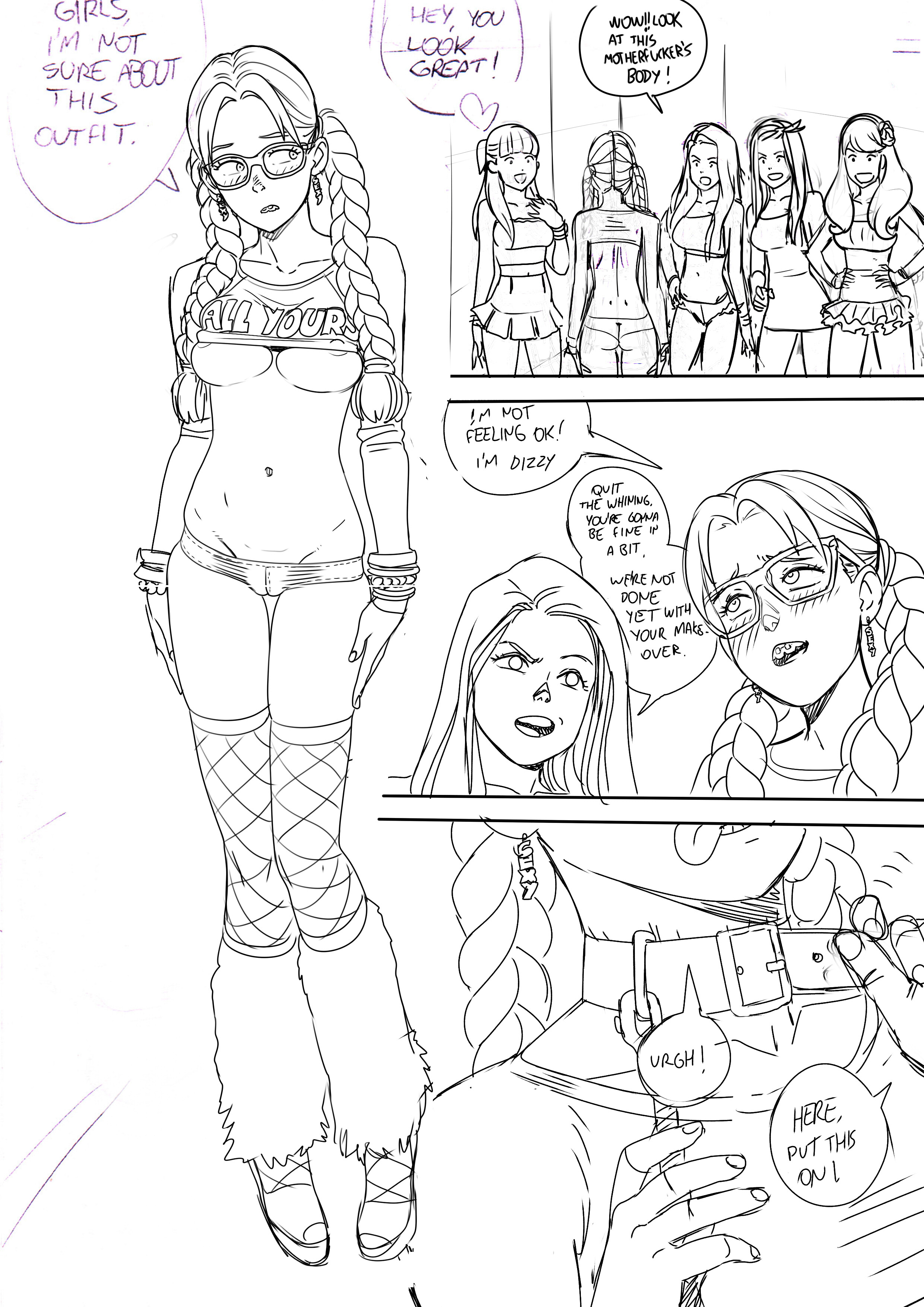 5girls, anna (tekuho), ashley (tekuho), bimbo, braces, braided hair, braided ponytail, breasts, buckteeth, buruma, cleavage, collar, covered nipples, drunk, earrings, english text, female, fishnet stockings, fishnet thighhighs, fishnets, full body, glasses, high heels, leg warmers, micro shorts, microskirt, monochrome, nerd, nipples, revealing clothes, shorts, shy, sketch, standing, tagme, teenager, tekuho, thighhighs, twintails, underboob