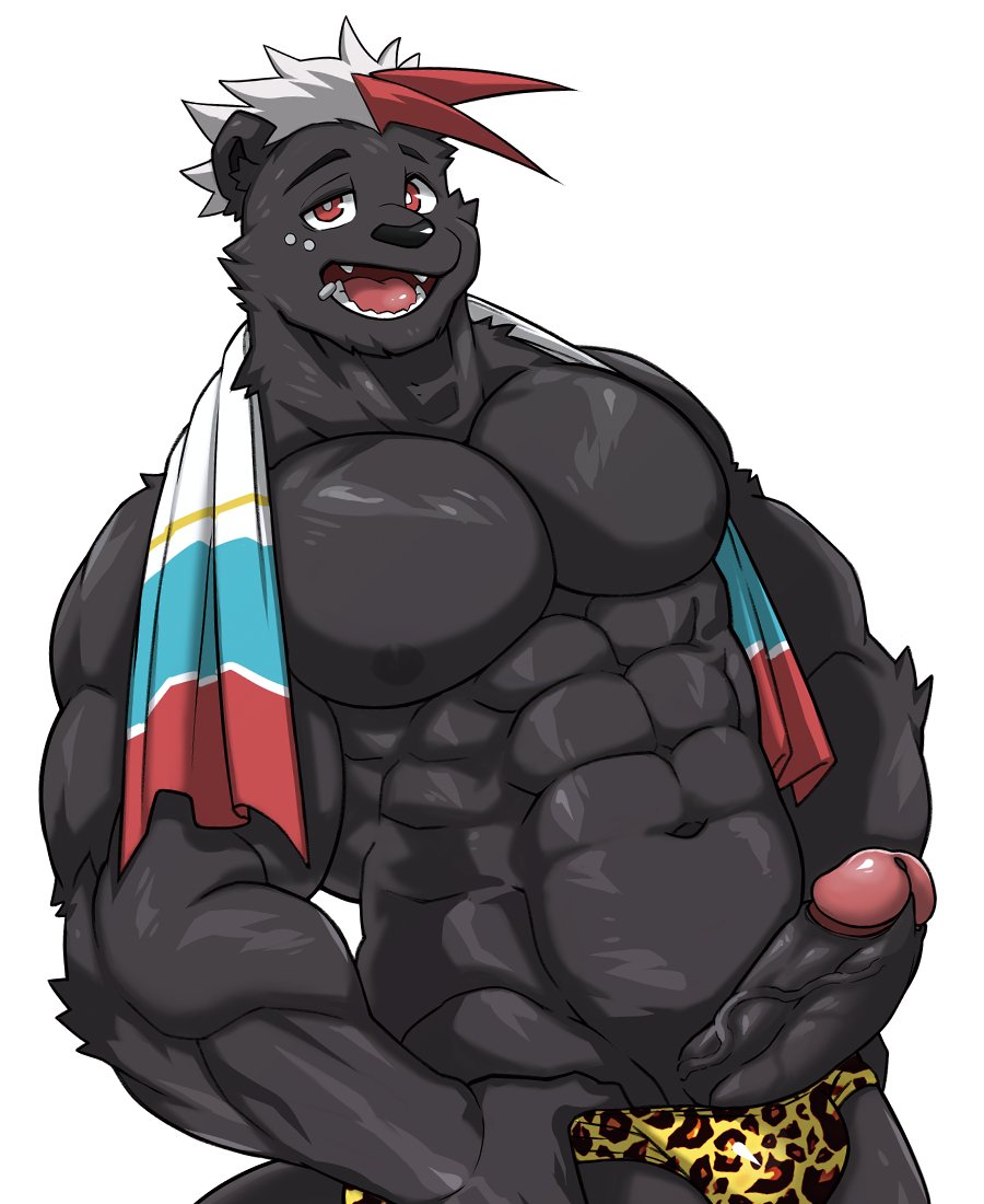 2019 abs anthro biceps big_muscles black_body black_fur black_nipples black_nose black_penis clothing digital_media_(artwork) erection facial_piercing felid frenulum fur glans glistening glistening_body glistening_fur hair humanoid_penis kumak71395 lip_piercing lip_ring looking_at_viewer male male_only mammal muscular muscular_male navel nipples open_mouth open_smile pantherine pants_pull pecs penis piercing pink_glans red_eyes red_hair retracted_foreskin simple_background smile solo speedo standing swimwear teeth tongue towel towel_around_neck uncut vein veiny_penis white_background white_hair