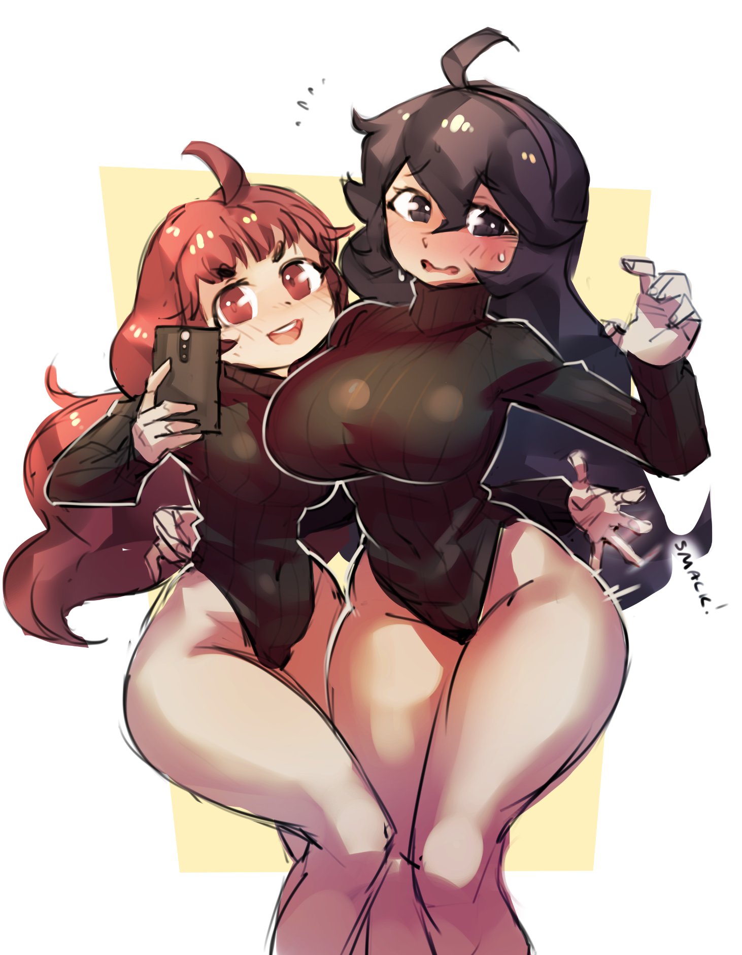 2girls, ahoge, big breasts, blush, bodysuit, borvar, breasts, cleavage, eye contact, female, female only, half-closed eyes, hex maniac, huge breasts, large breasts, larger female, looking at viewer, nintendo, pokemon, pokemon xy, size difference, smaller female, thick thighs, wide hips