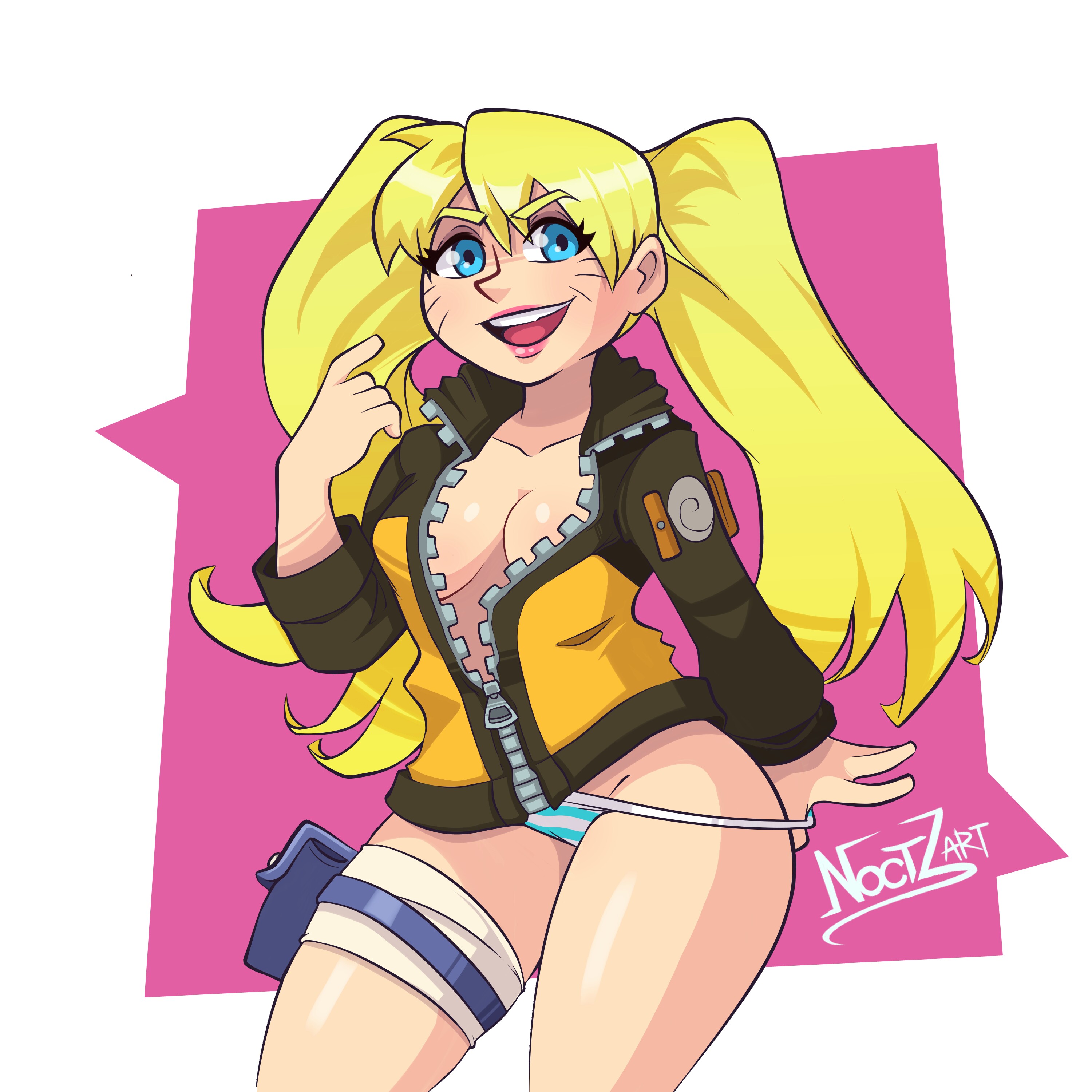 1girls, blonde hair, blue eyes, breasts, canon genderswap, cleavage, female, female only, genderswap, lipstick, long hair, naruko, naruto, naruto (series), noctz, rule 63, small breast, solo, twintails, uzumaki naruto, whisker markings, yellow hair