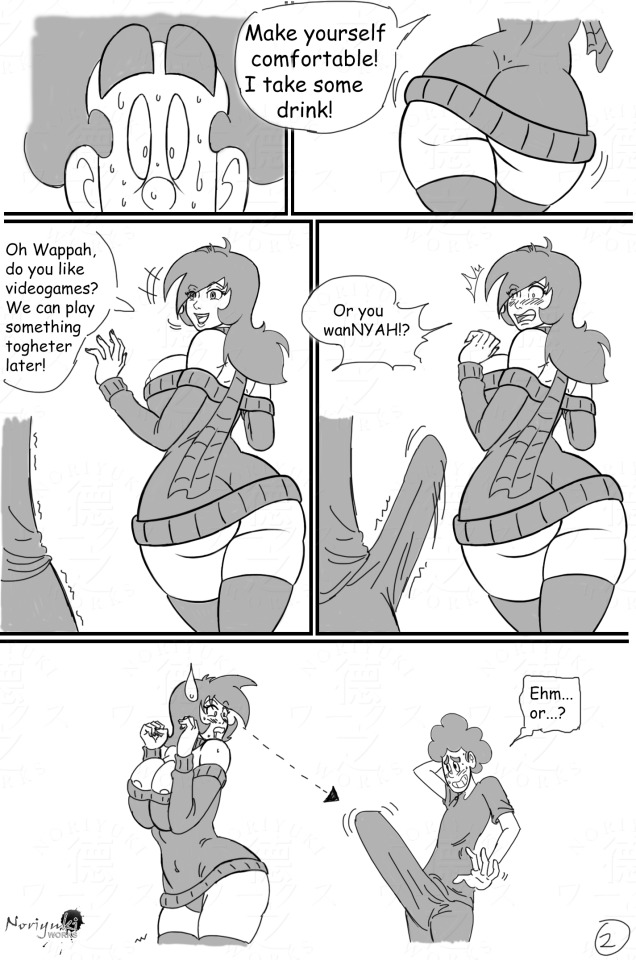 bulge comic erection gigantic_penis huge_ass large_breasts monochrome noriyuki83 panties scarf sweater text thighhighs wappah_wilson_(wappah) wendolin