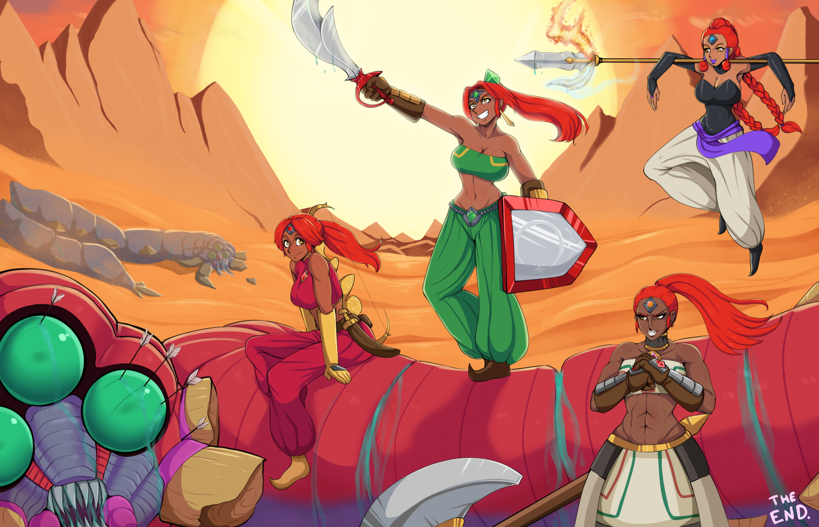 4girls, abs, afrobull, black gloves, braid, breasts, brown gloves, cleavage, clothed, clothing, comic, dark skin, dark-skinned female, earrings, elbow gloves, female, female only, fingerless gloves, gerudo, gloves, humanoid, jewelry, large breasts, long hair, monster, multiple females, multiple girls, muscular, muscular female, navel, nintendo, ocarina of time, orange hair, ponytail, shiny, shiny skin, smile, staff, sword, the legend of zelda, weapon, yellow eyes, yellow gloves