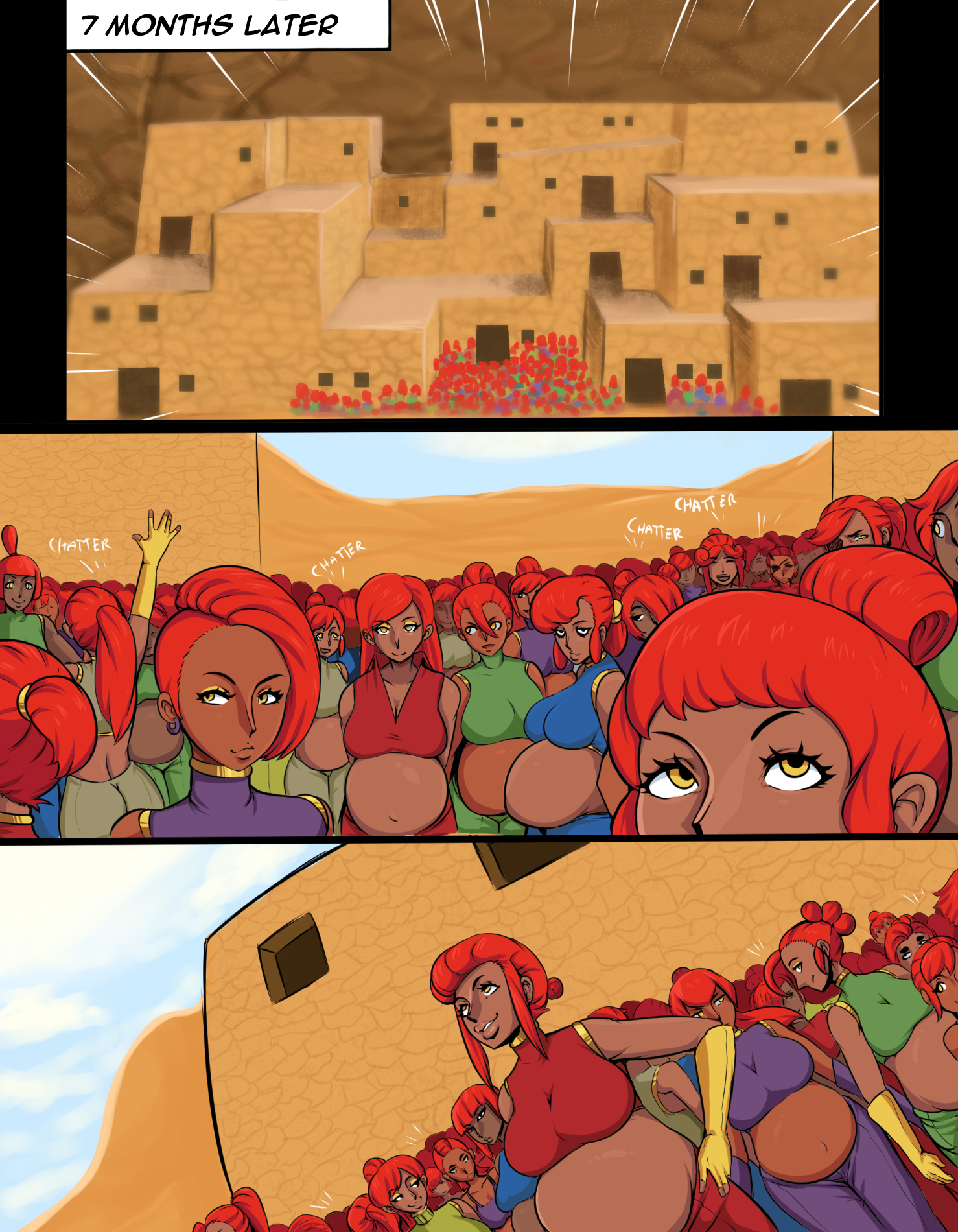 6+girls, afrobull, breasts, cleavage, clothed, clothing, comic, dark skin, dark-skinned female, english text, female, female only, gerudo, gloves, humanoid, large breasts, long hair, multiple females, multiple girls, multiple pregnancies, navel, nintendo, ocarina of time, orange hair, outdoors, pregnant, shiny, shiny skin, short hair, standing, text, the legend of zelda, yellow eyes, yellow gloves