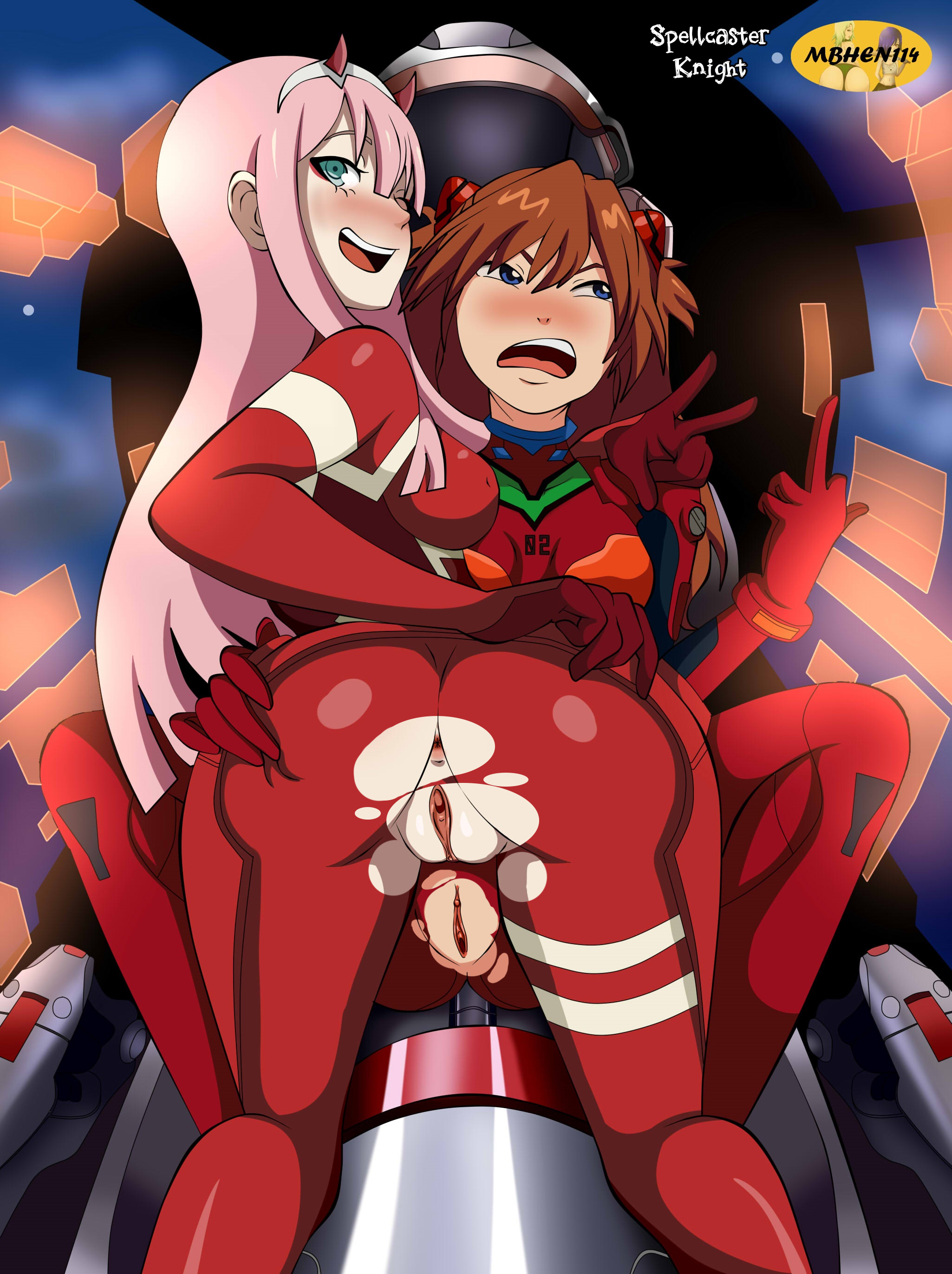 2girls, angry, ass, ass grab, ass up, asuka langley sohryu, blush, bodysuit, clitoris, clothing, crossover, darling in the franxx, embarrassed, exposed pussy, female, grabbing, grabbing own ass, latex, latex suit, looking at viewer, looking away, looking back, mbhen114, middle finger, multiple females, multiple girls, neon genesis evangelion, peace sign, plugsuit, presenting, pussy, red hair, ripped clothing, shaved pussy, spellcaster knight, spread ass, torn bodysuit, torn clothes, v, wink, zero two (darling in the franxx)