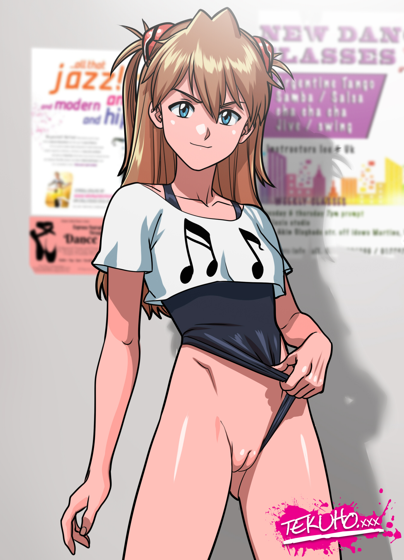 1girls, alternate version available, asuka langley sohryu, blue eyes, breasts, brown hair, clothing, clothing aside, exposed, female, flashing, flashing pussy, innie pussy, long hair, naughty face, neon genesis evangelion, no panties, pussy, small breasts, solo, teenager, tekuho, workout clothes