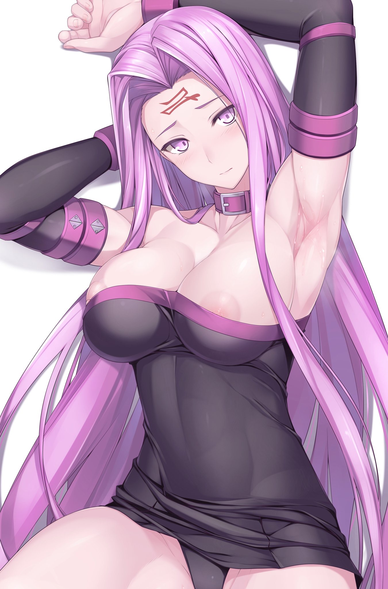 armpits, collar, fate (series), fate/stay night, female, forehead mark, medusa (fate), nipple slip, nipples, partially clothed, pink eyes, pink hair, purple eyes, purple hair, tagme, tattoo