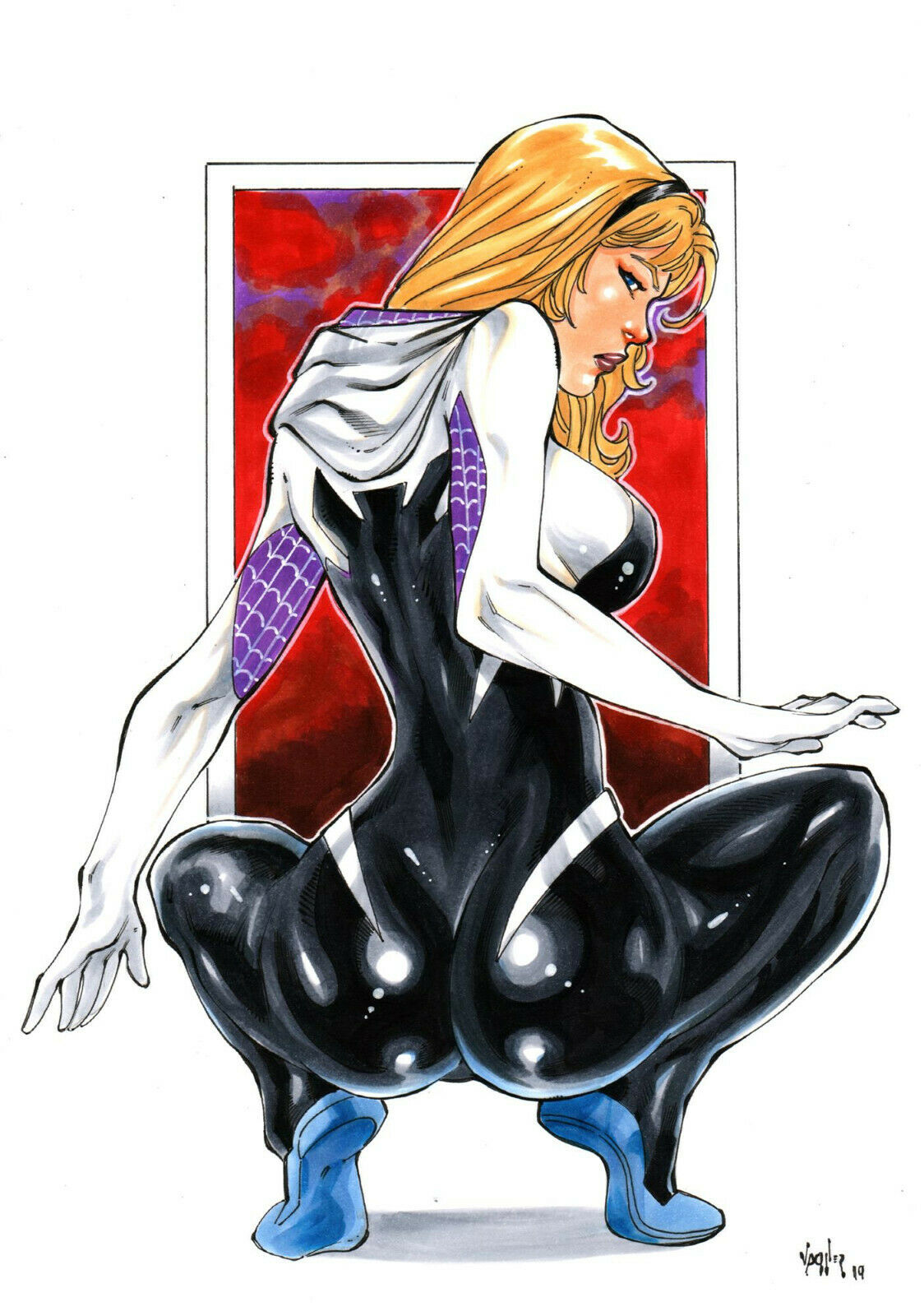 1girls 2019 ass back_view big_breasts black_bodysuit black_hairband blonde_hair blue_eyes bodysuit breasts busty dat_ass dated ed_benes_studio eye_contact eyeshadow female female_only from_behind gloves gwen_stacy hairband hoodie large_breasts lipstick long_hair looking_back makeup marvel marvel_comics mascara pinup purple_lips purple_lipstick shoes signature solo spider-gwen spider-man_(series) squatting superheroine thighs tiptoes vagner_fernandes white_bodysuit white_gloves