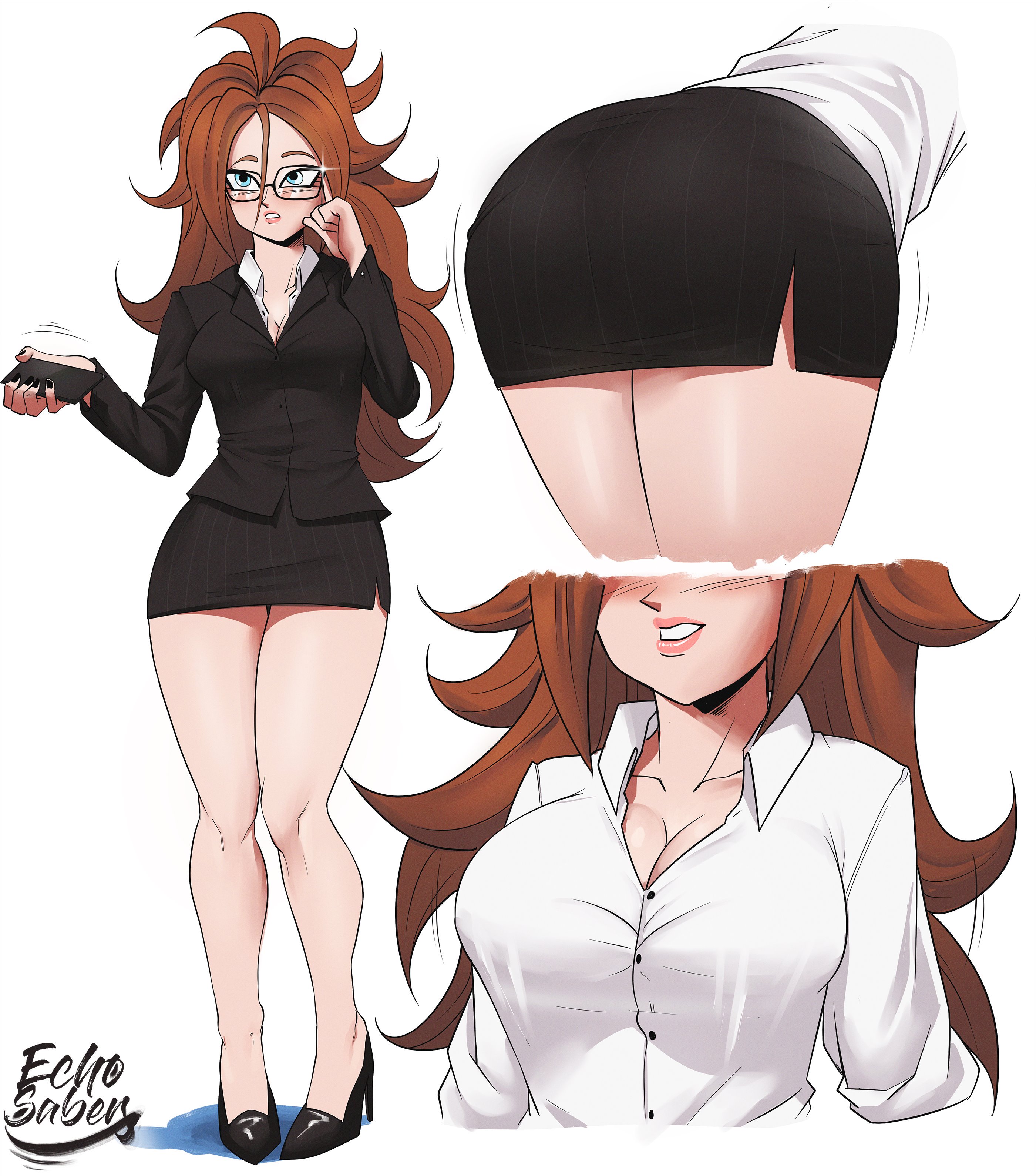 1girls, android 21, android 21 (human), ass, bare legs, big breasts, black fingernails, black nails, blouse, blue eyes, blush, breasts, brown hair, business suit, bust, busty, cellphone, cleavage, dragon ball, dragon ball fighterz, echosaber, female, female only, fully clothed, glasses, high heels, hourglass figure, lips, lipstick, long hair, miniskirt, nail polish, office lady, phone, skirt, solo female, suit, voluptuous