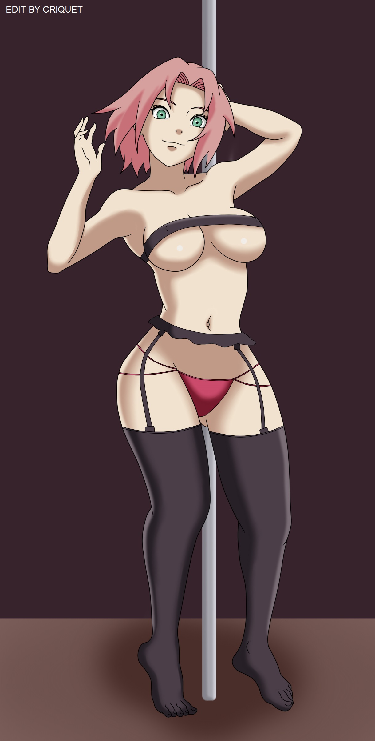 billiard table, clothed, clothed sex, criquet, edit, female, female only, full body, green eyes, lingerie, looking at viewer, naruto, naruto (series), naruto shippuden, pink hair, sakura haruno, short hair, simple background, smile, stripper pole, thong