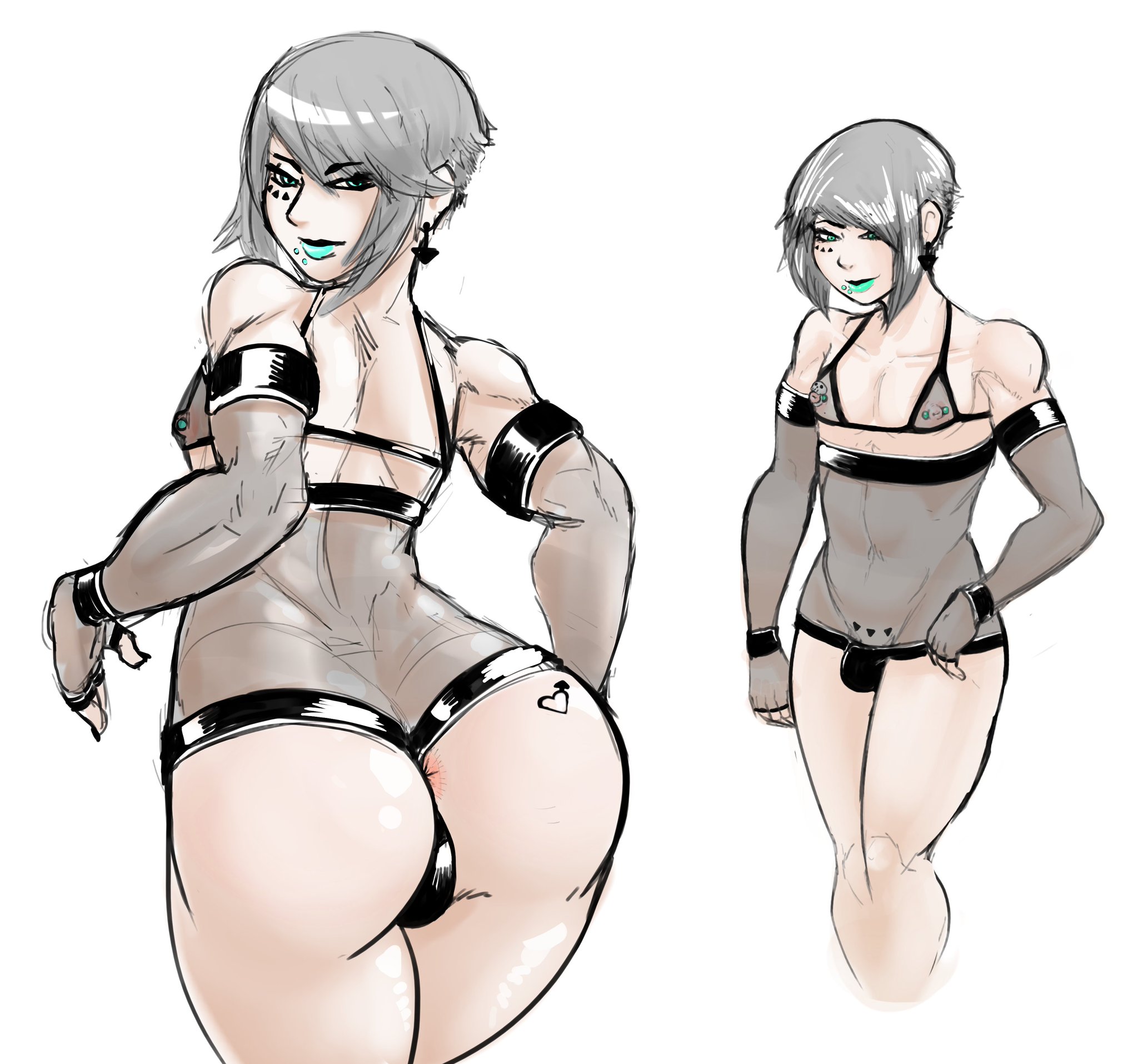 1boy, 2019, anus, areolae, ass, axred7, big ass, bikini top, crossdressing, earrings, eyebrows visible through hair, femboy, girly, grey hair, makeup, male, male only, nipple piercing, nipples, piercing, short hair, snakebite piercing, solo, tattoo, transparent clothing